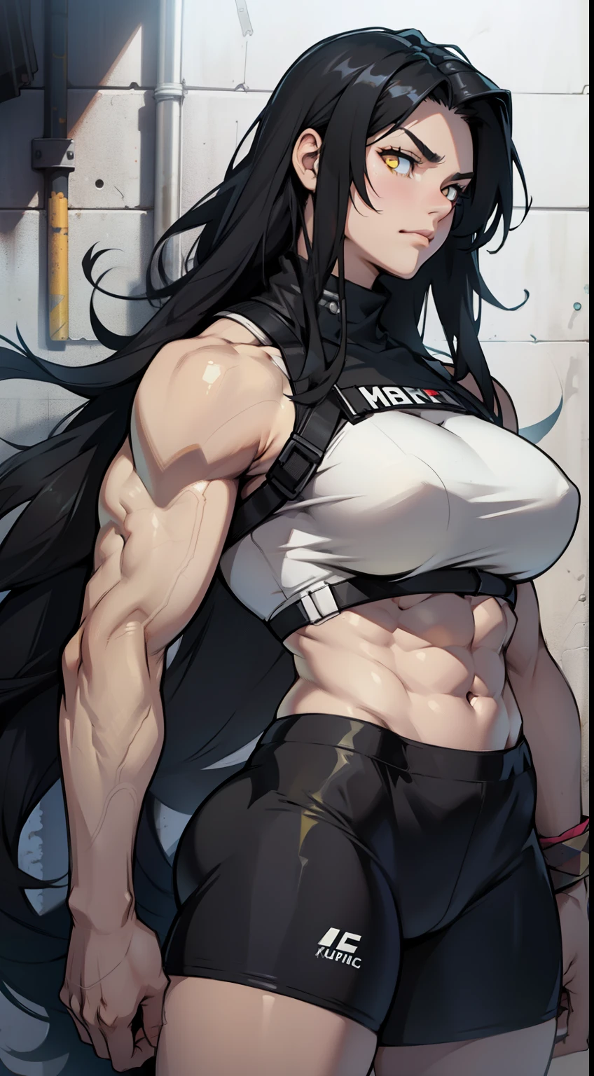 girl ((muscular)) thick thick thick black hair yellow eyes extremely long hair messy hair pale skin sad
