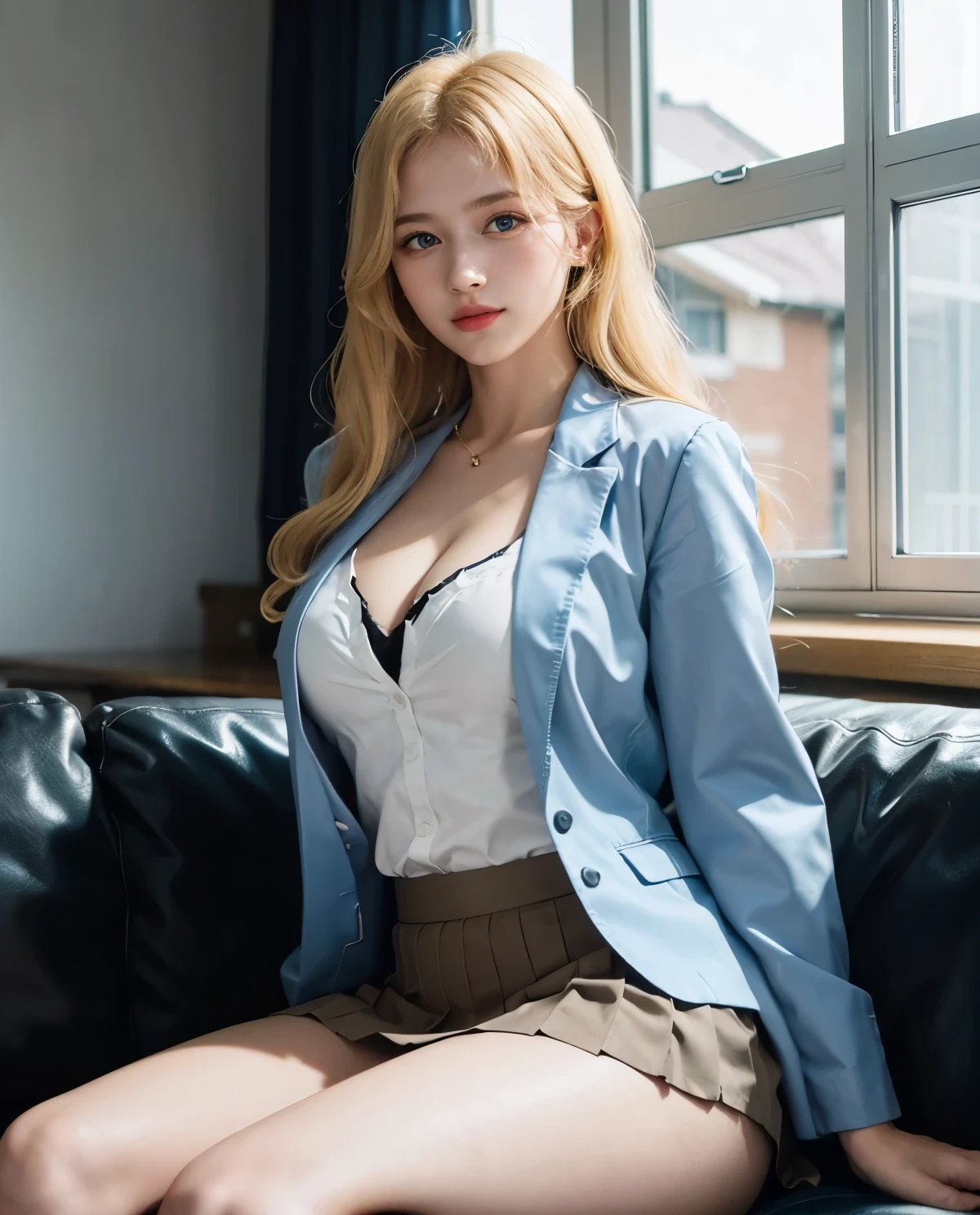 1girl, (Blue Eyes), (smiling), (Sana Minatozaki), wide hips, Big , big ass, (Best Quality, 8k, Masterpiece: 1.3), Clear Focus: 1.2, Perfect Body Beauty: 1.4, Highly detailed face and skin texture, detailed eyes, double eyelids, (blonde long hair), (japanese school uniform), (Blazer uniform brown), (cleavage school shirt), (raised pleated skirt), lifting the skirt, (sitting on a black sofa), (showing legs :1.2), in the principal's room, at school