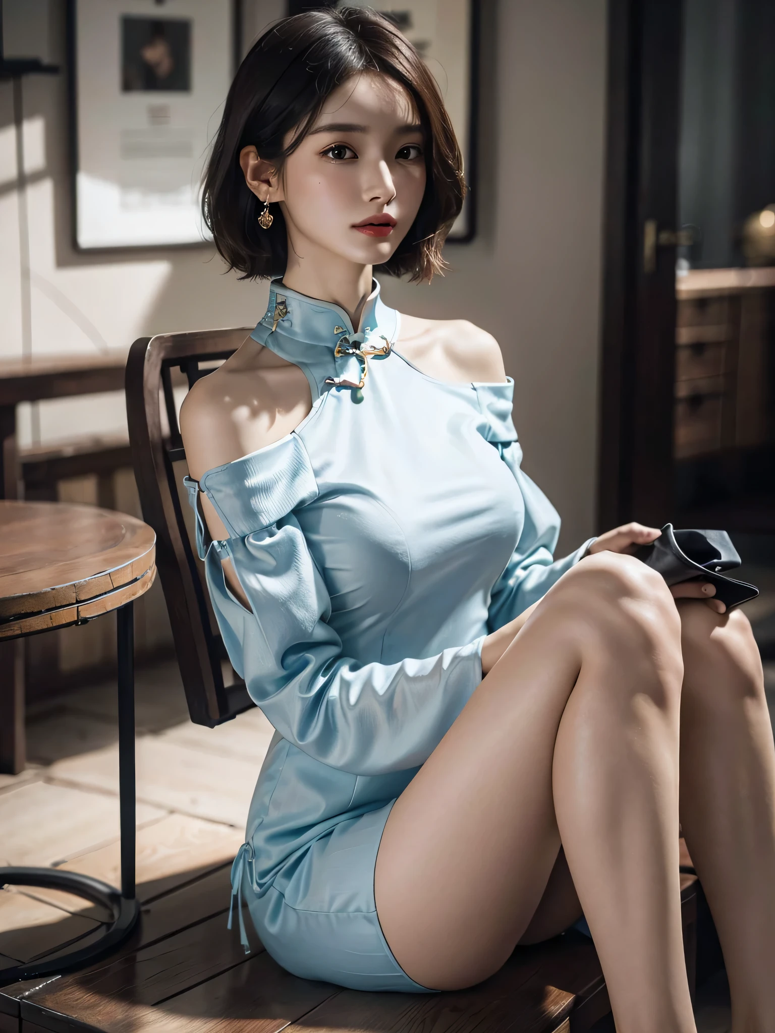disorganized, RAW photo, very delicate and beautiful, masterpiece, highest quality, ultra high resolution, 16k, surreal, super detailed, perfect anatomy, super dense skin, perfect figure, Highly detailed CG 8k wallpaper, 20's, very slim body, (tight waist:1.1), very small head, very small face, delicate features, tearful mole, earrings, thin legs, (very huge round breasts:1.3), (full body shot:1.1), short hair, wavy hair, (off shoulder:1.2), (China dress:1.3),