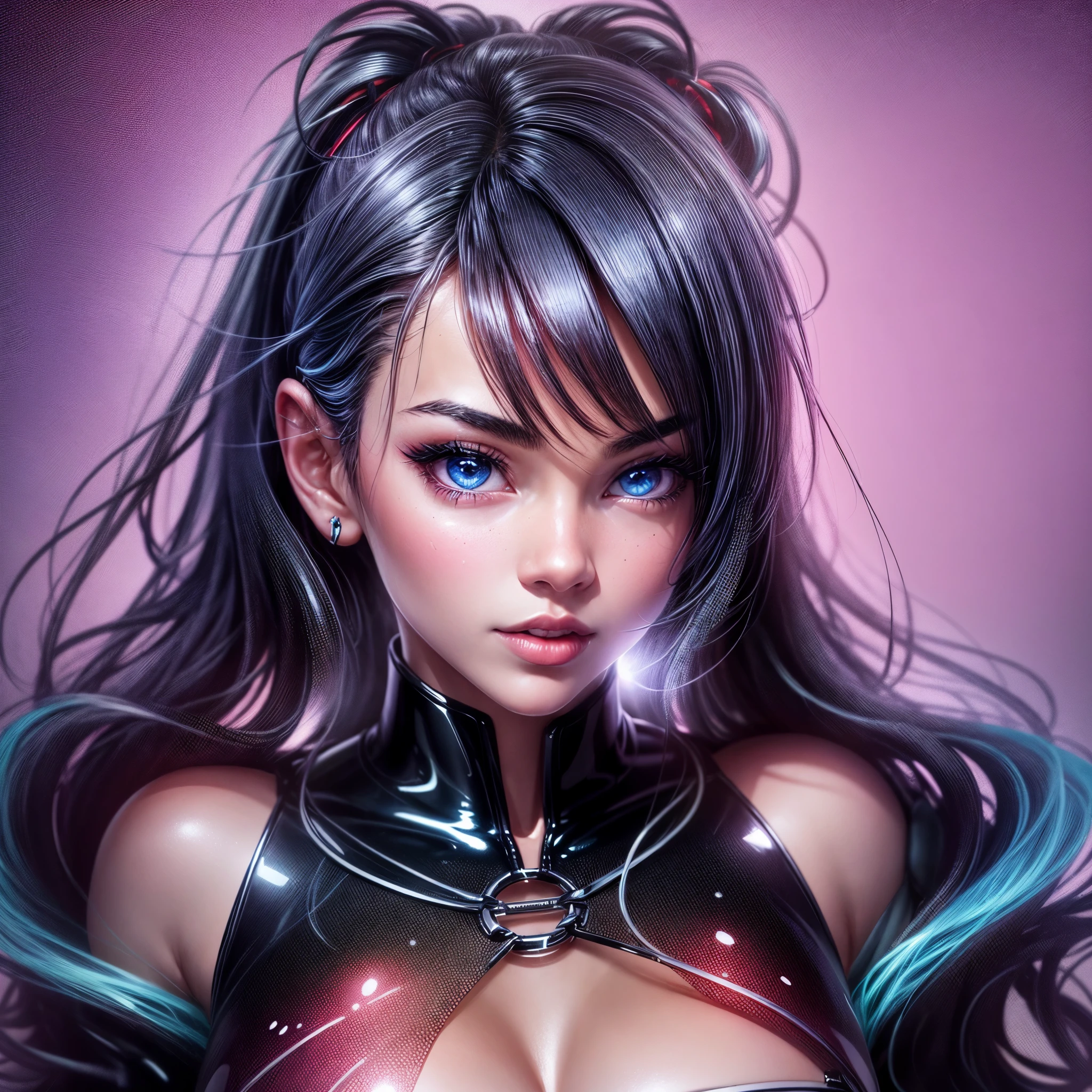 Beautiful black latex woman, olhos azuis, coberta com rosas vermelhas iluminadas, bright blue white glowing heart, visible from human, noite, Colouring, photography hyper-detailed cinematic hdr lighting, softbox lighting, Detalhe extremo, 8k, 3D-rendering, Hiper realista, NVIDIA,