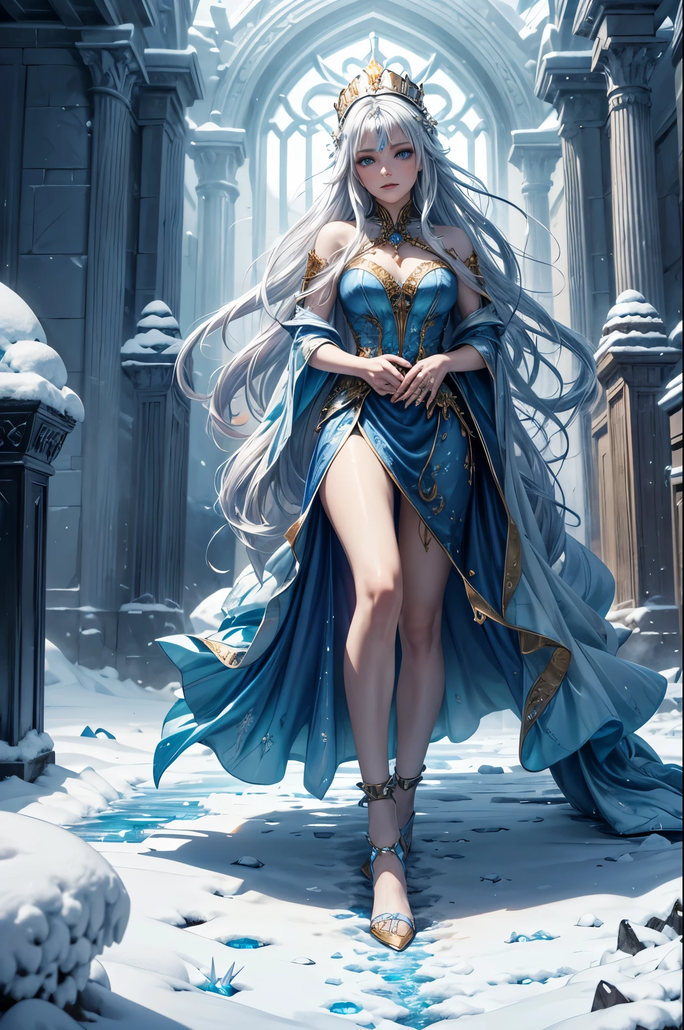 bright colour fantasy painting, surreal, cosmic, Everglow the brightness of the cold northern tundra blows, translucent blue hues emanate from iced spikes on the eternal phantasmal land, (blood stained footprints left in the snow:1.2, a lone queen of Ice with pale skin wanders, long flowing crimson red gown and gold silk blow from the storm, the intricate spiked skill crown emanates a blinding light, ), masterwork, high detail, raytracing, 4k