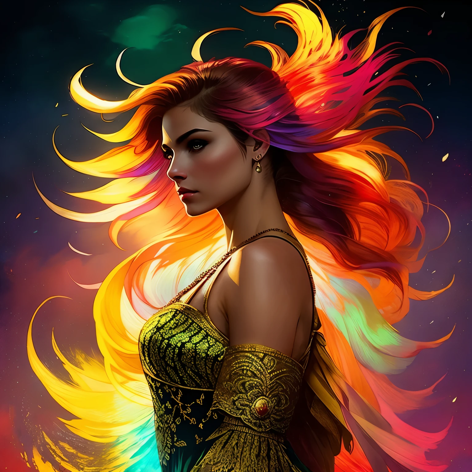 a peaceful fantasy game character standing sideways, vestido de arte ornamentado, recording, renda, couro, sunset, corpo macio, flowing hair, jogo de sombra, vista superior, luz, Mist, mal-humorado, cabelo prateado brilhante, terroso, vivid, vermelho, creme, marrom, peach blossom, charcoal texture, cinza, cinematographic, Luz do filme, Hiper detalhado, Hiper realista, obra-prima, Atmospheric, high resolution, Vibrante, Alto contraste, dark angle, arte por Koos Roos, 8k, HDR, 500px, oil paint, aquarela, retrato