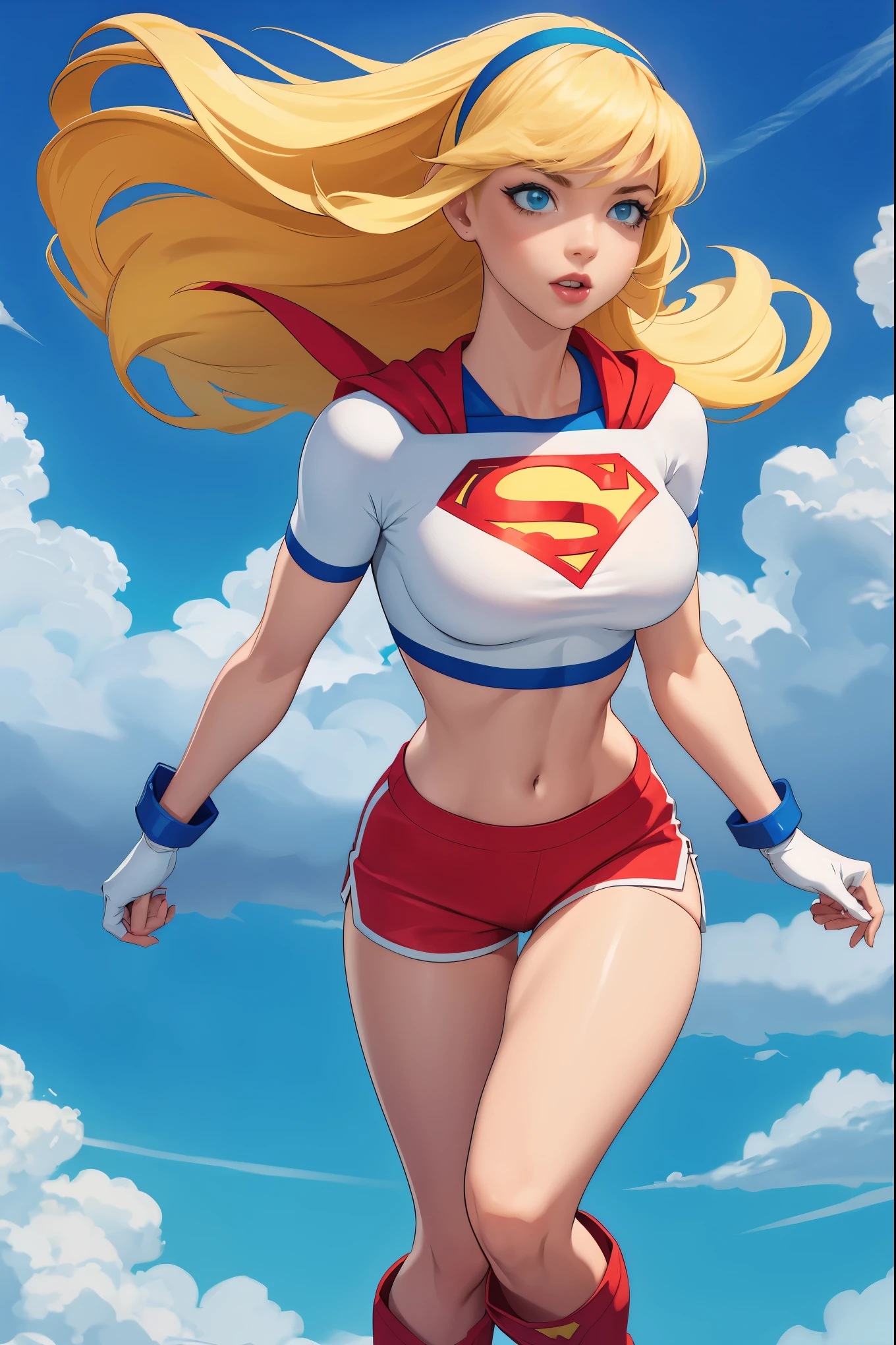 Supergirl,1girl,long blonde hair,hair band,white crop top,dolphin shorts, whitegloves,boots, floating in the clouds, large breasts, half shirt showing bottom halves of her breasts, dynamic, sexy, slutty