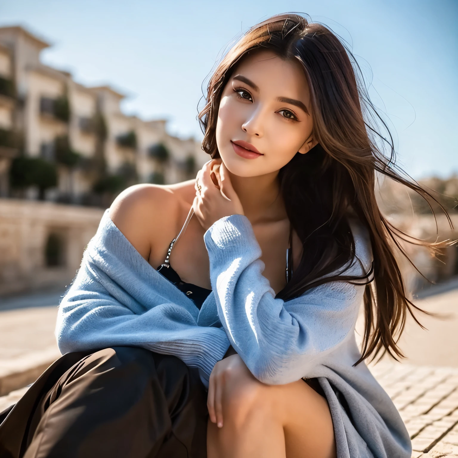 8K, Top Quality, Intricate Details, Ultra Detail, Ultra High Resolution, Masterpiece, random angle, Slender, Smile, (Makeup: 0.4), (Fluffy Blue Eyes: 1.21), blue Eyes, looking at viewer, ((full body)), 1girl, solo, 1 girl, (( full body)), close up shot, , ((tall)), (((fit body))), (((slim face))), sharp face, sharp eyes, (((black hair, long hair, )) , (detailed face), sharp face, small lips, windy ,
(( )), ((shawl)), detailed face, detailed breast, , large breast, detail ass, , Beautiful girl with accentuated slender abs: 1.4, Six Pack Abs: 1.4, Bust Botox, Big, Perfect Body, detail leg, (( moonlight)), top of mountain