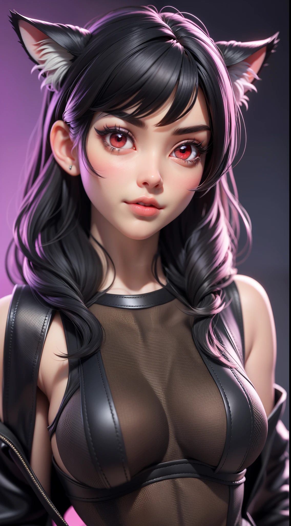 3dmm mj3d style,realistic, 1girl, black hair, red eyes, slit eyes, glowing eyes, oversized shirt, parted lips, blush, cat ears, looking deep into my eyes