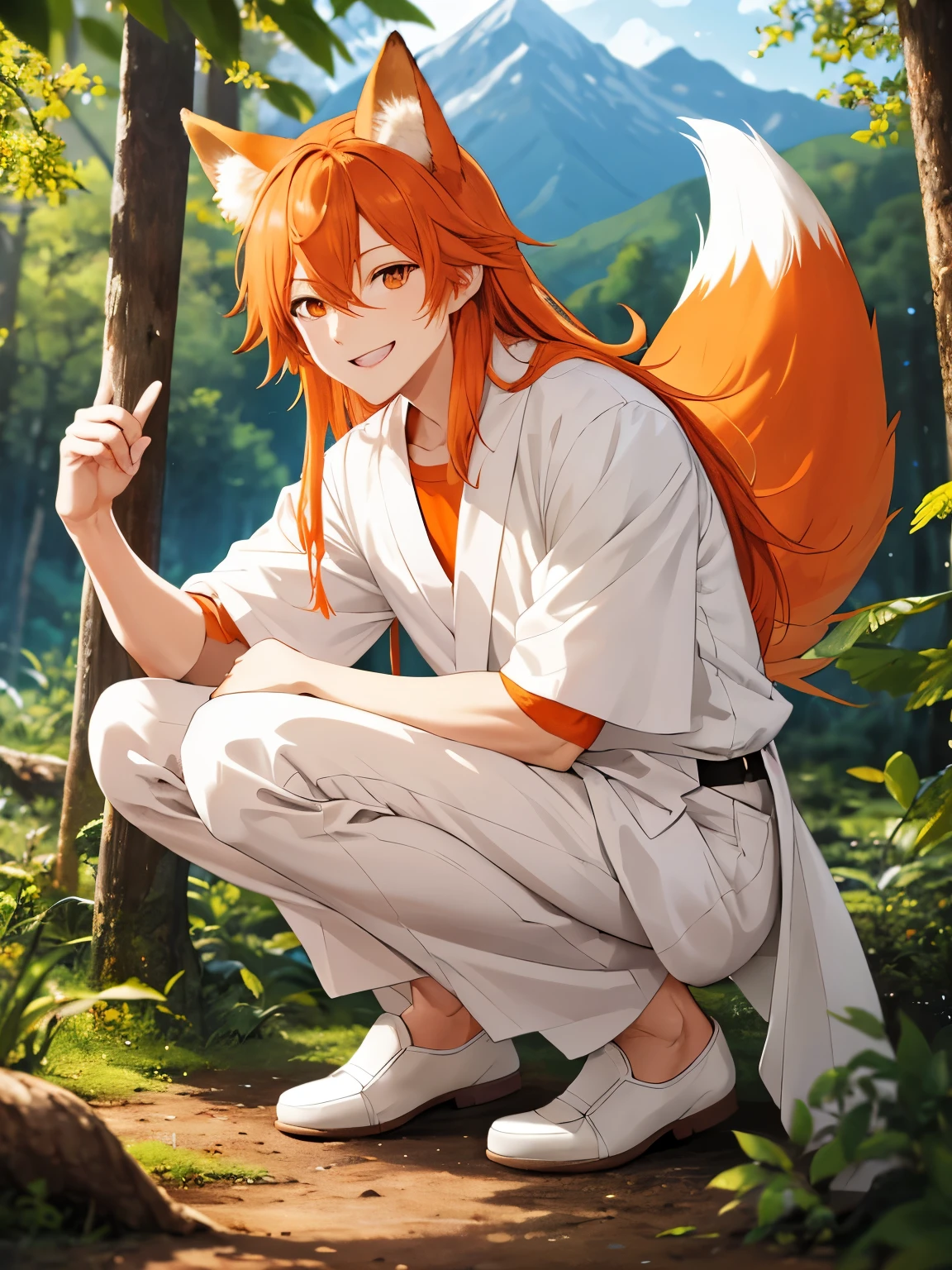 1man,Squat, orange fox ears,in the forest near the mountain,Facing forward,White shirt, white robe, white trousers,,long hair,orange hair, orange eyes, smile,ultra detail,ultra Hd, masterpiece,4k