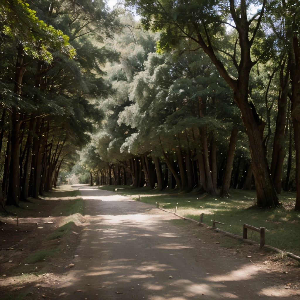 Gran pasiaje en el bosque, a long path with wooden sculptures on the sides of mythological animals