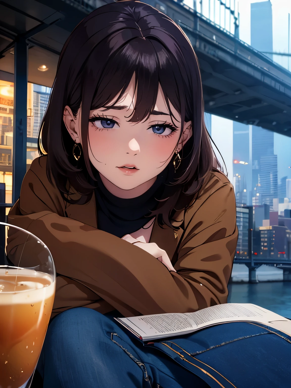 high-definition images, atmospheric perspective, 8k, super detail, accurate, best quality, a woman, see the Manhattan from across the river, winter clothes, looking away, angle from below, (drooping eyes), (sleepy), earrings, many people pass, got drunk,