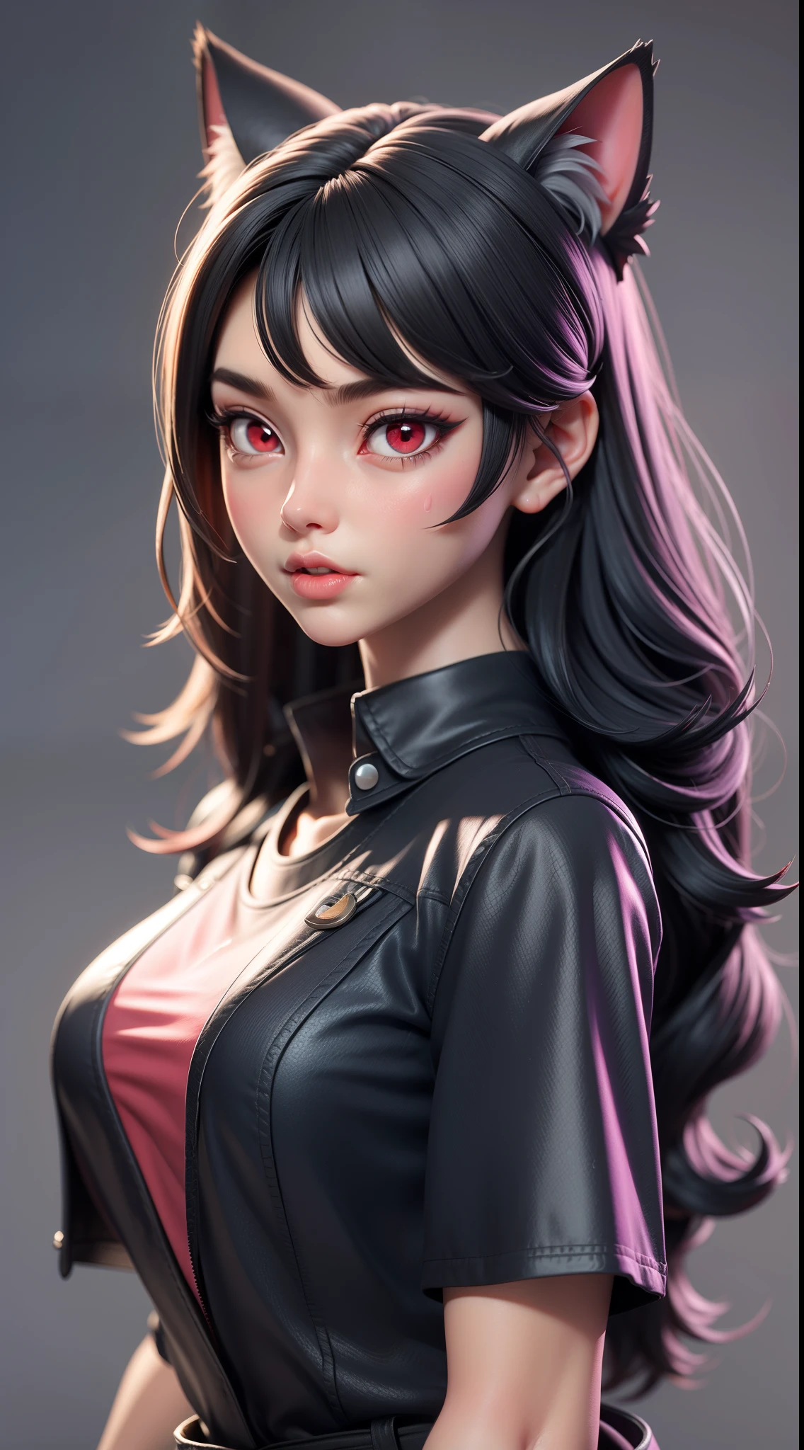 3dmm mj3d style,realistic, 1girl, black hair, red eyes, slit eyes, glowing eyes, oversized shirt, parted lips, blush, cat ears, wet shirt, sweaty,