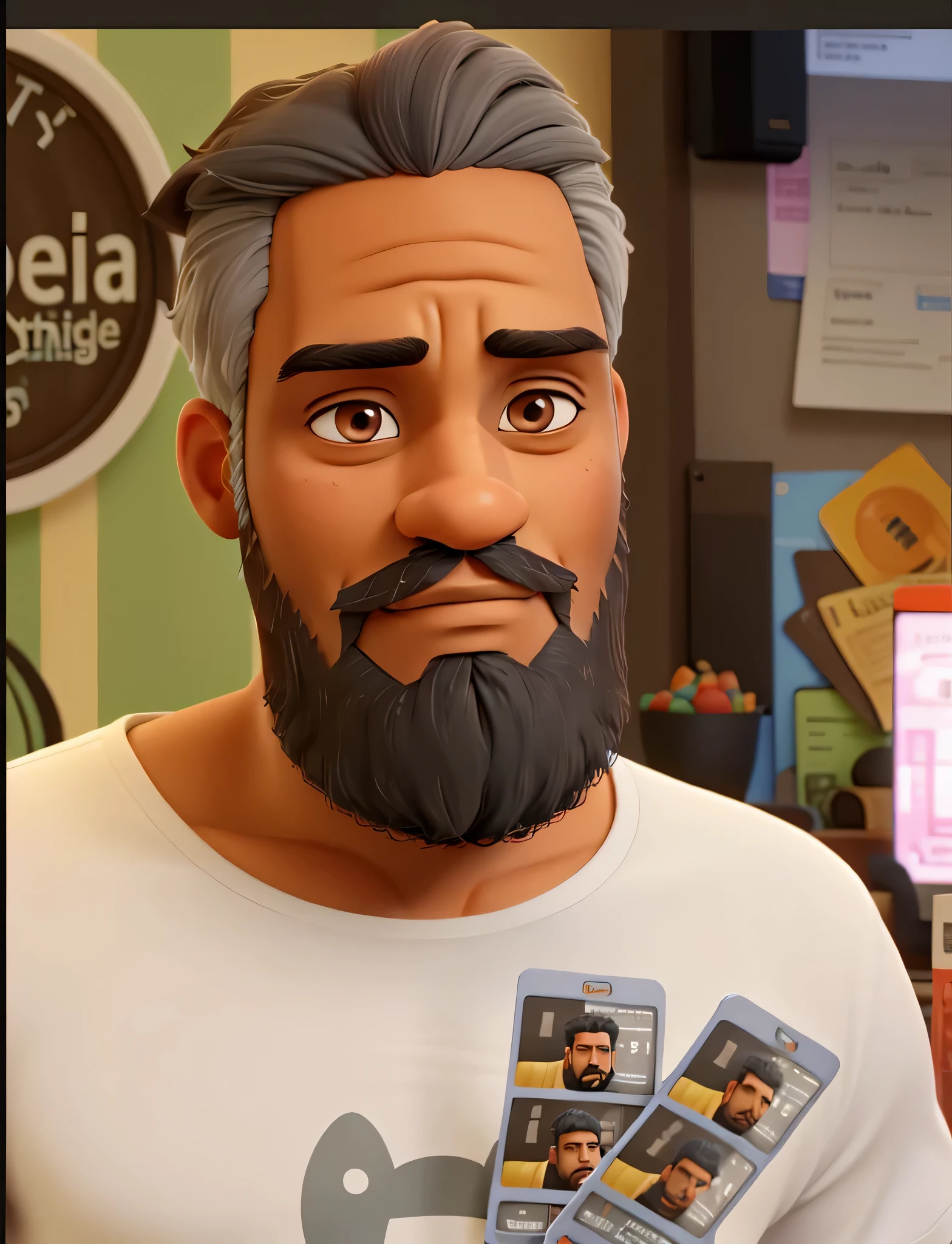 Homem com pele escura, barba e cabelos grisalhos, retrato, fundo branco, hands free