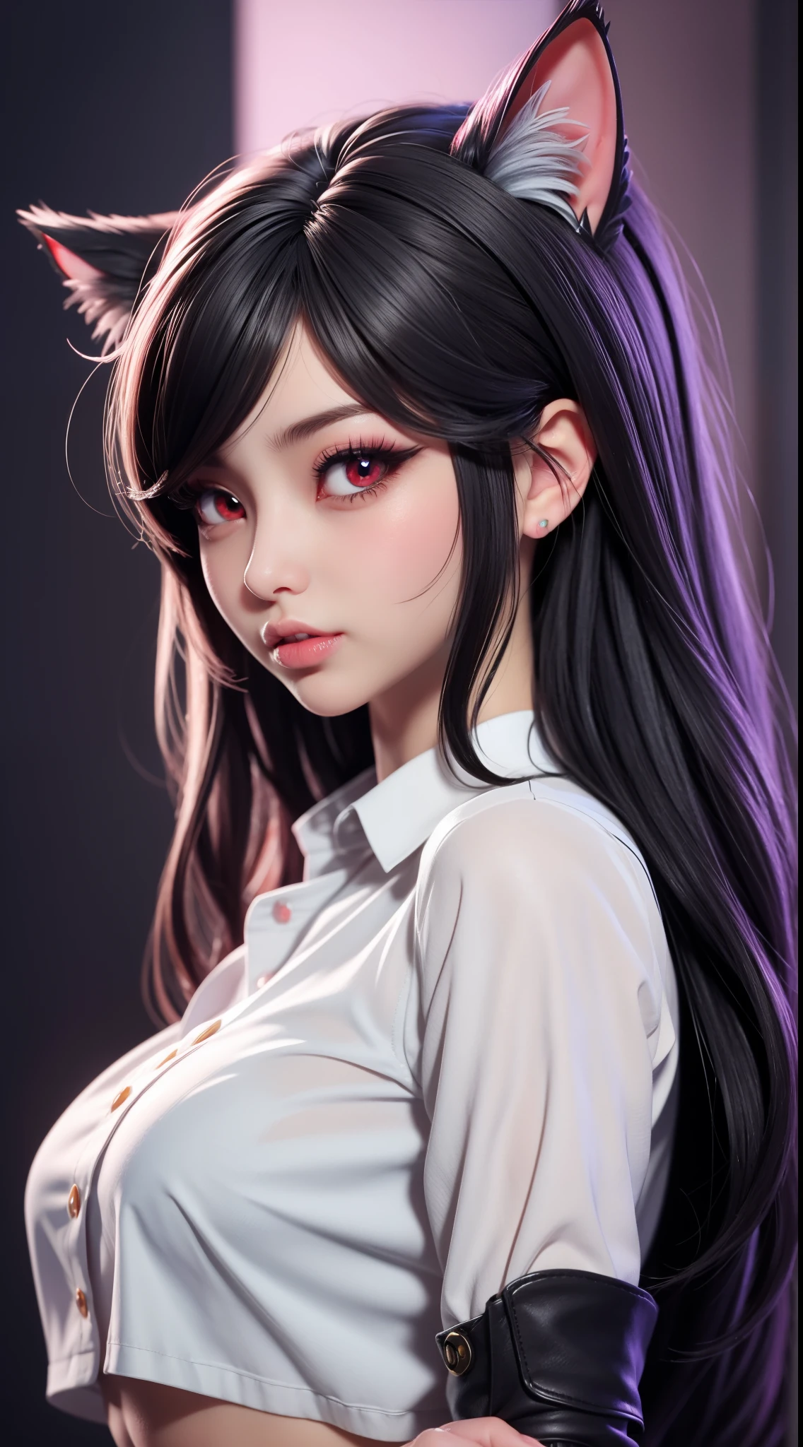 3dmm mj3d style,realistic, 1girl, black hair, red eyes, slit eyes, glowing eyes, oversized shirt, parted lips, blush, cat ears, wet shirt, sweaty,