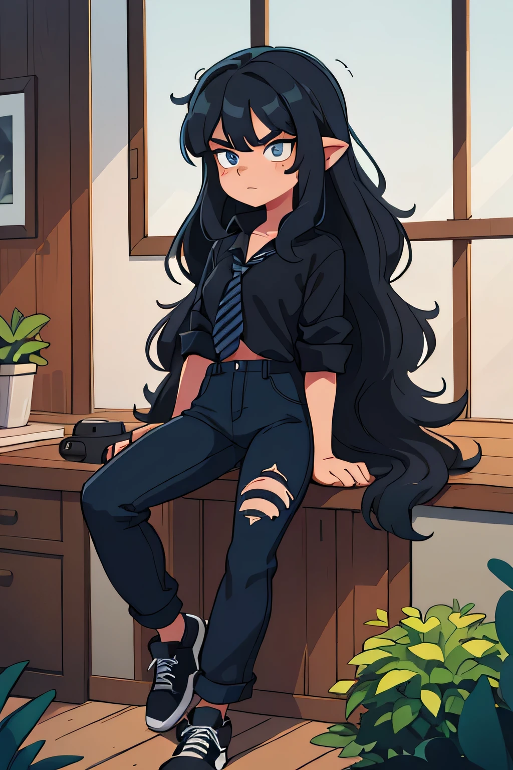 ((Best quality, masterpiece)),
Black Long, slightly curly hair with a blue tint, Long bangs, curls at the ends; Dark blue eyes; Black satin shirt, a little transparent, black wide leg jeans, black sneakers, tie with silver and dark green stripes.