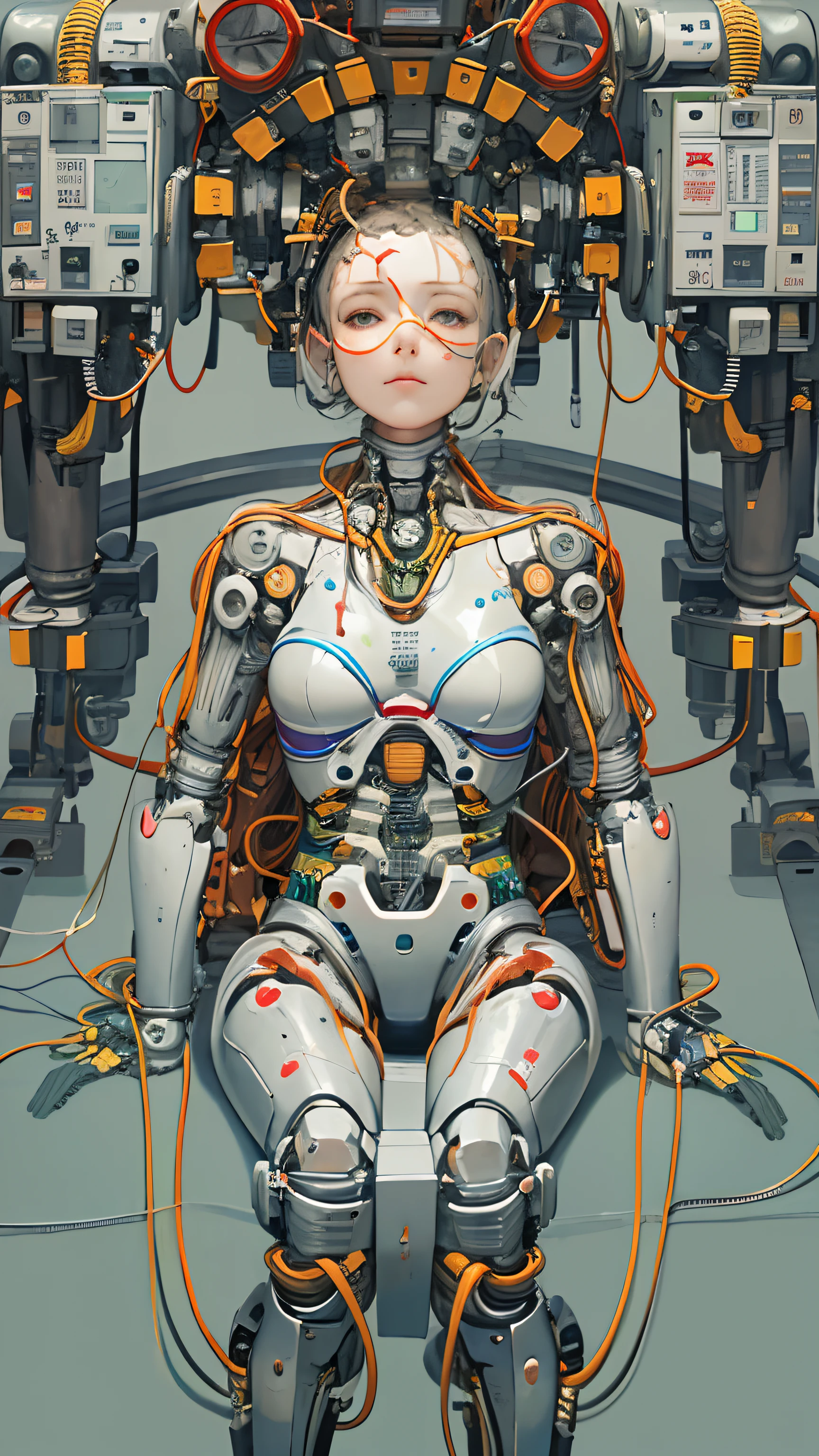 (((masterpiece))), (((best quality))), ((Super detailed)), (Highly detailed CG illustrations), ((extremely delicate and beautiful)),(Cute and delicate face),film light,((1Mechanical Girl)),alone,whole body,(Machine made joints:1.4),((mechanical limbs)),(Erupting muscles),(The blood vessels are connected to the tube),(a brain in container:1.3),((Mechanical vertebrae attached to the back)),((Mechanical cervical spine attached to the neck)),((sitting)),Poker face,(wires and cables attached to head and body:1.5),small breasts,short hair,(Character focus),Science fiction