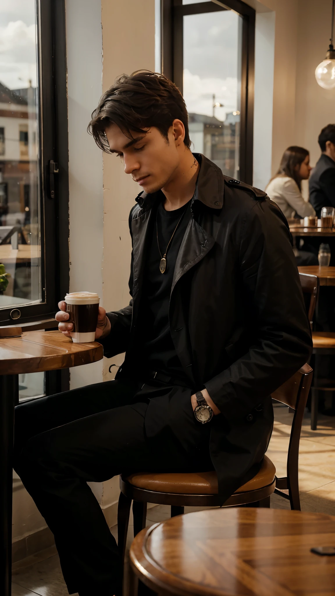 Desenhe uma imagem de um homem jovem com postura reta, wearing black business clothes with a trench coat and a pocket watch. He is sitting in a coffee shop, sozinho, perto de uma janela, admirando a vista. He holds a cup of coffee in his hands, com vapor subindo dela. The café has an elegant decor, with soft lighting and a welcoming atmosphere. Through the window, you can see a charming landscape. The image should convey a feeling of tranquility and contemplation.
