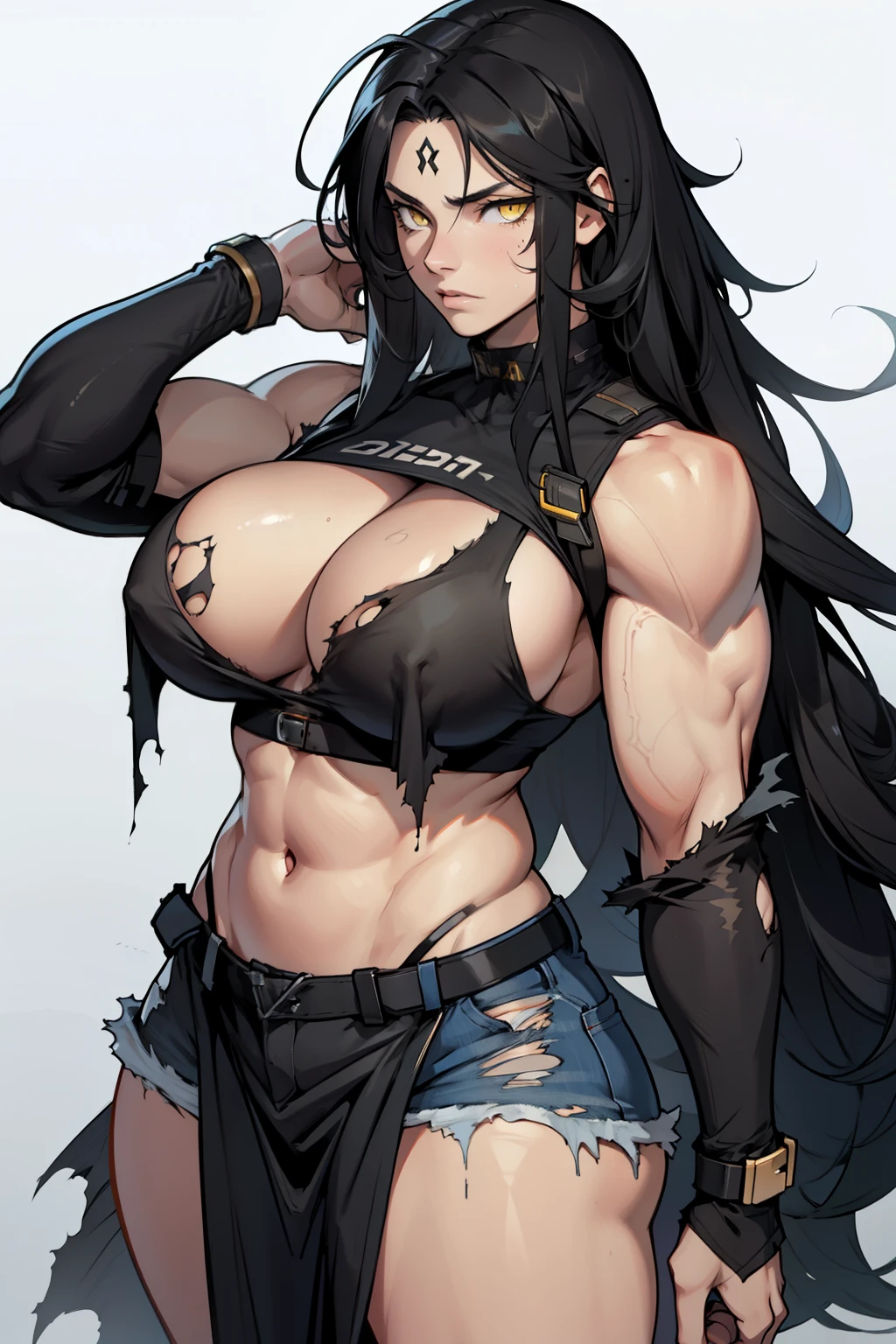 girl ((muscular)) thick thick thick black hair yellow eyes extremely long hair messy hair pale skin sad extremely long hair messy hair huge breasts torn clothes