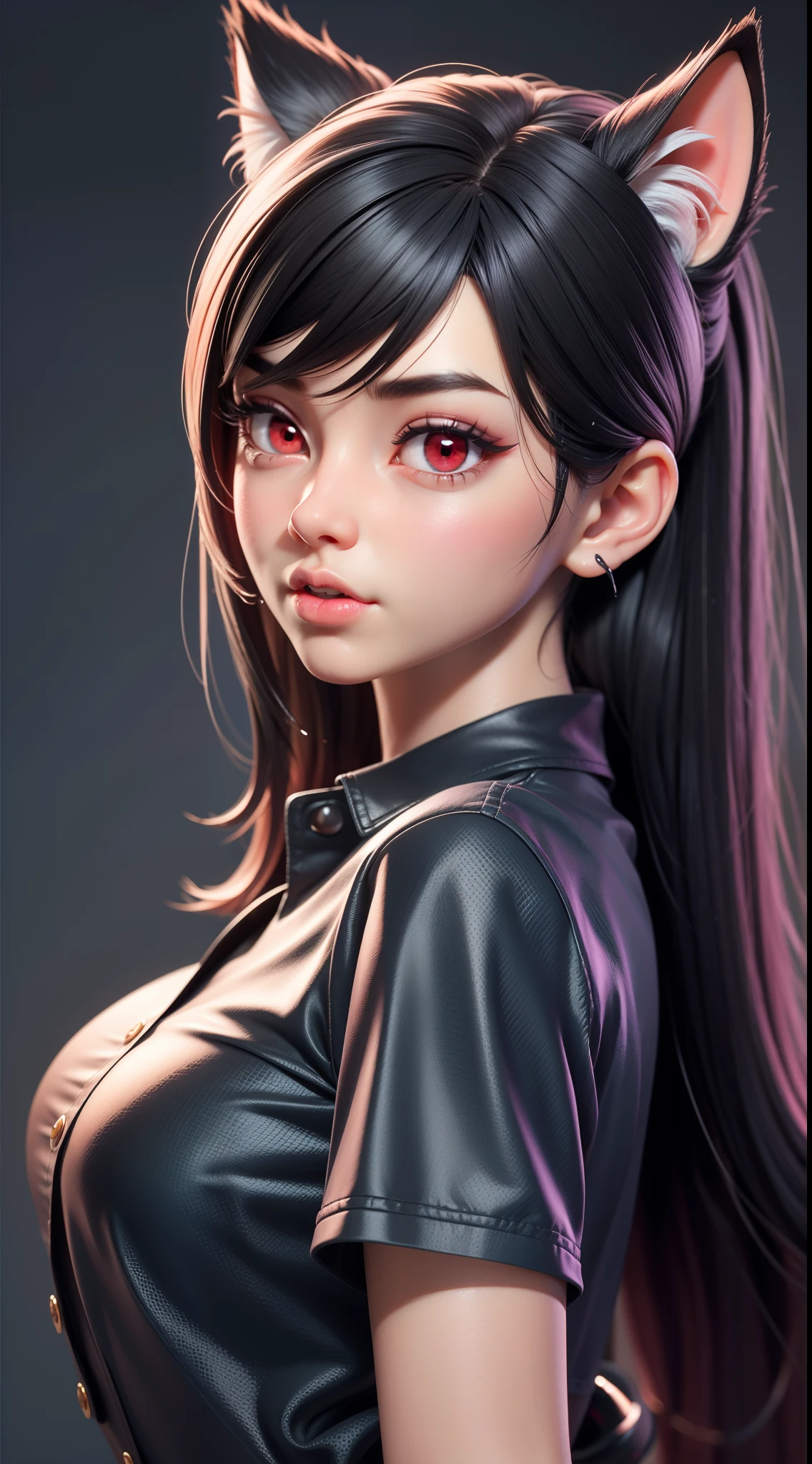 3dmm mj3d style,realistic, 1girl, black hair, red eyes, slit eyes, glowing eyes, oversized shirt, parted lips, blush, cat ears, wet shirt, sweaty,