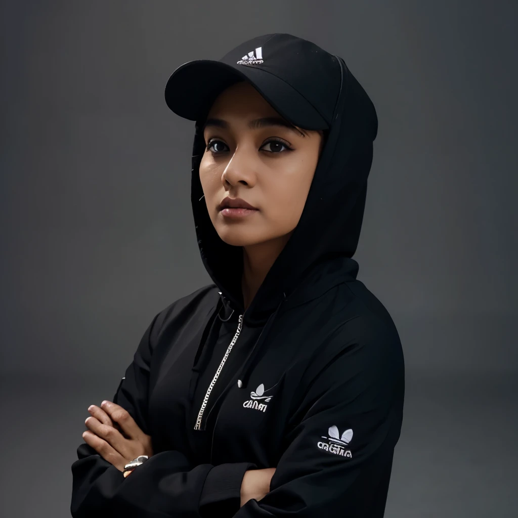 Pria dewasa umur 46 tahun, memakai topi polos hitam, tidak berkumis dan jenggot, memakai jaket zip hoodie warna hitam, velana ketat warna hitam, sepatu adidas nmd hitam, background di iceland, ultra hyper realistic