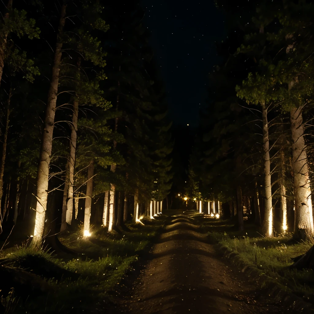 Gran pasiaje en el bosque, de noche, un camino, alumbrado por luces amarillas