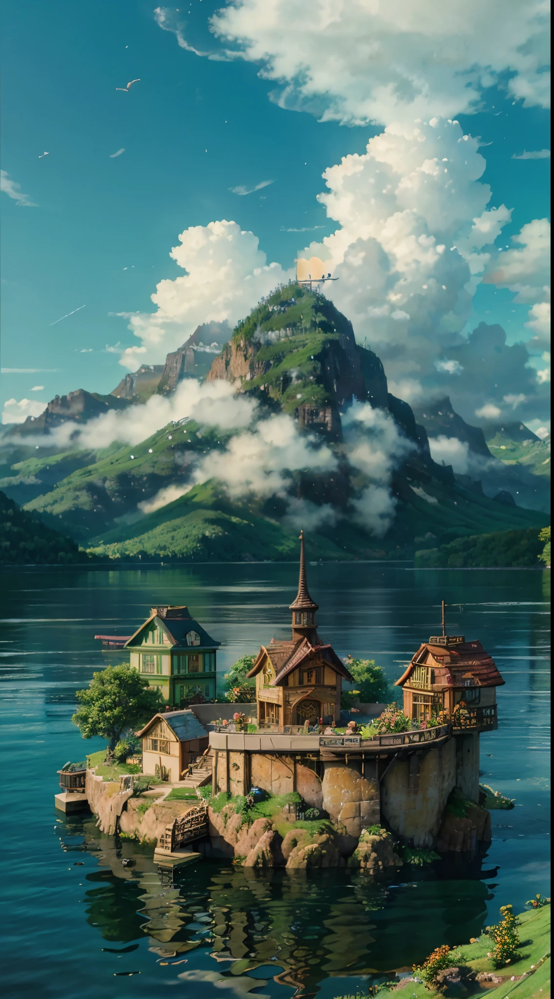 Isometric floating island with waterfalls lakes and animals, hyperrealistic, 4k, bright and colourful, masterpiece, best quality