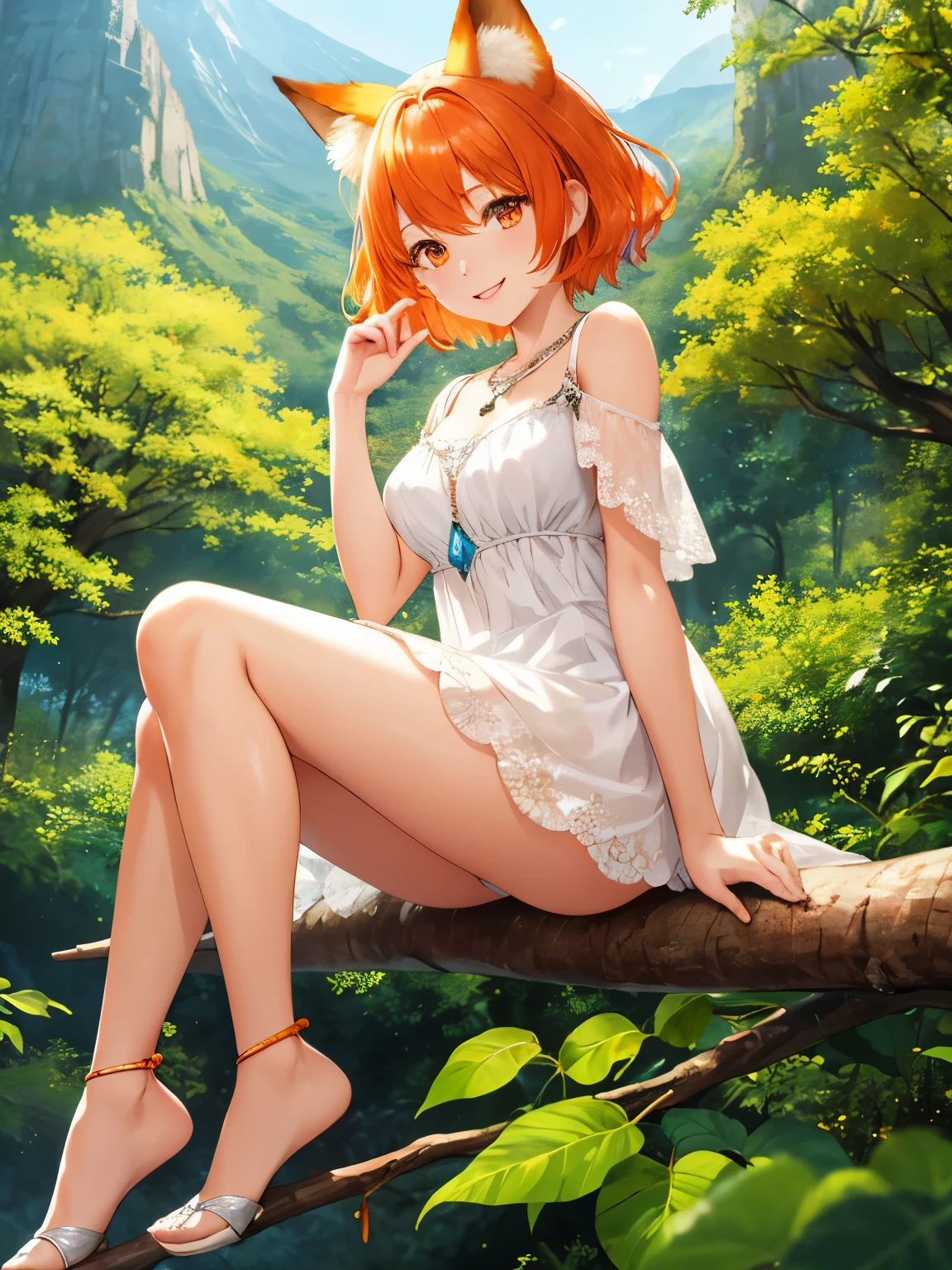 1woman,Give a diamond necklace, Sitting on a wooden branch, orange fox ears,in the forest near the mountain,Facing forward, short white dress, short orange hair, orange eyes, smile,ultra detail,ultra Hd, masterpiece,4k