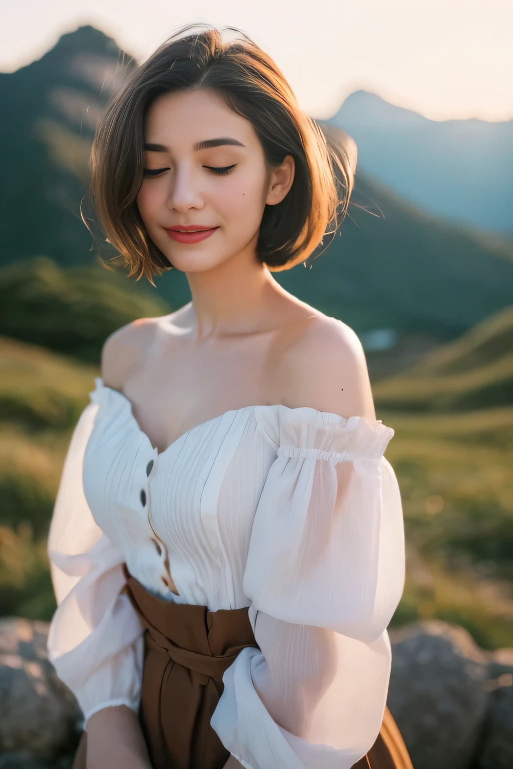 (( realistic light, highest quality, 8K, masterpiece :1.3)), 1 girl, small mole under the eye, smile, close your eyes, chestの小さなほくろ, slender figure-shaped pretty woman :1.4, abs :1.1, perfect japan, white skin, (Floating wavy silk brown hair, hair floatingin the wind, Moderately_chest :1), (deep_cleavage), white off shoulder shirt:1.2, Long sleeves wet in the wind, (chestの汗をかいた肌:1), Are standing, Night in the mountains, Campfire Lights, super detailed face, fine eyes, double eyelid, shiny skin, cowboy shot