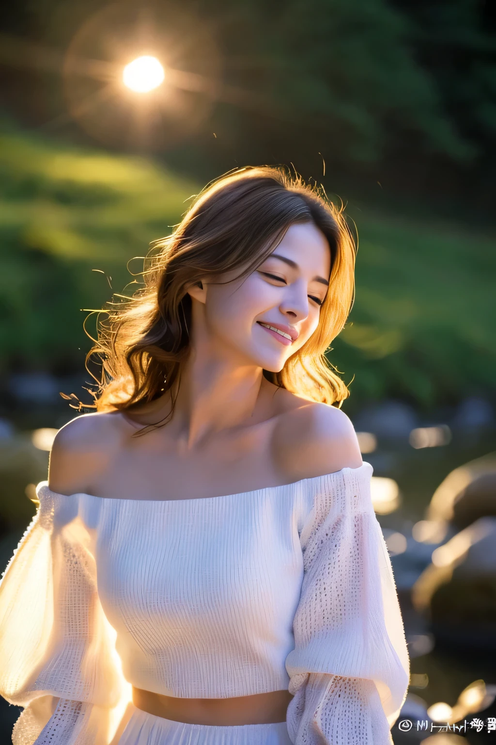 (( realistic light, highest quality, 8K, masterpiece :1.3)), 1 girl, small mole under the eye, smile, close your eyes, chestの小さなほくろ, slender figure-shaped pretty woman :1.4, abs :1.1, perfect japan, white skin, (Floating wavy silk brown hair, hair floatingin the wind, Moderately_chest :1), (deep_cleavage), white off shoulder shirt:1.2, Long sleeves wet in the wind, (chestの汗をかいた肌:1), Are standing, Night in the mountains, Campfire Lights, super detailed face, fine eyes, double eyelid, shiny skin, cowboy shot