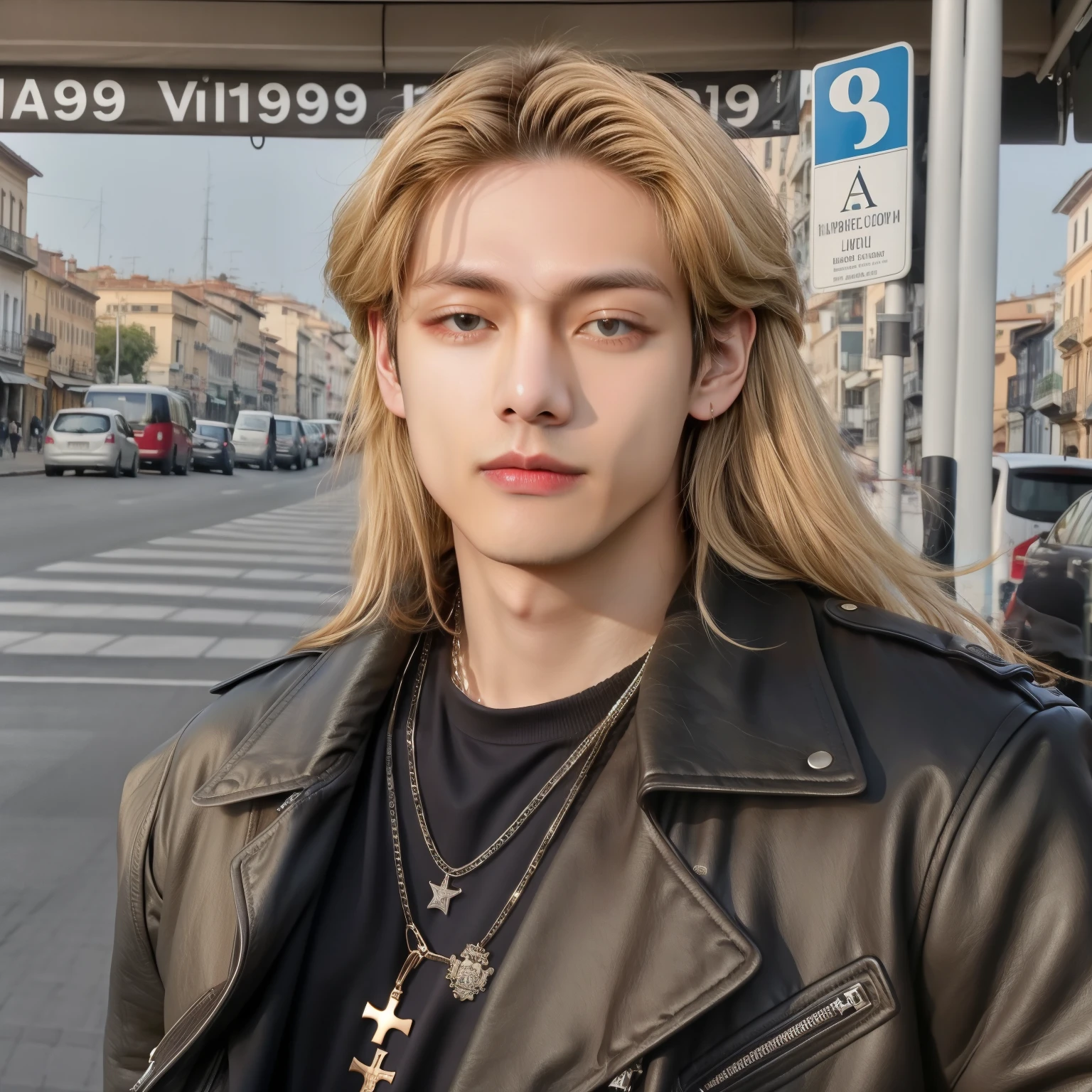 Kim Taehyung loiro com colar cruzado e jaqueta de couro na rua da cidade, young handsome and pale rome, com longos cabelos loiros, jovem com cabelos longos, longos cabelos loiros e olhos azuis, homem loiro, cara loiro, Kim Taehyung, long swept back blond hair, cabelo loiro extremamente claro, one man is blond, Kim Taehyung, xqc