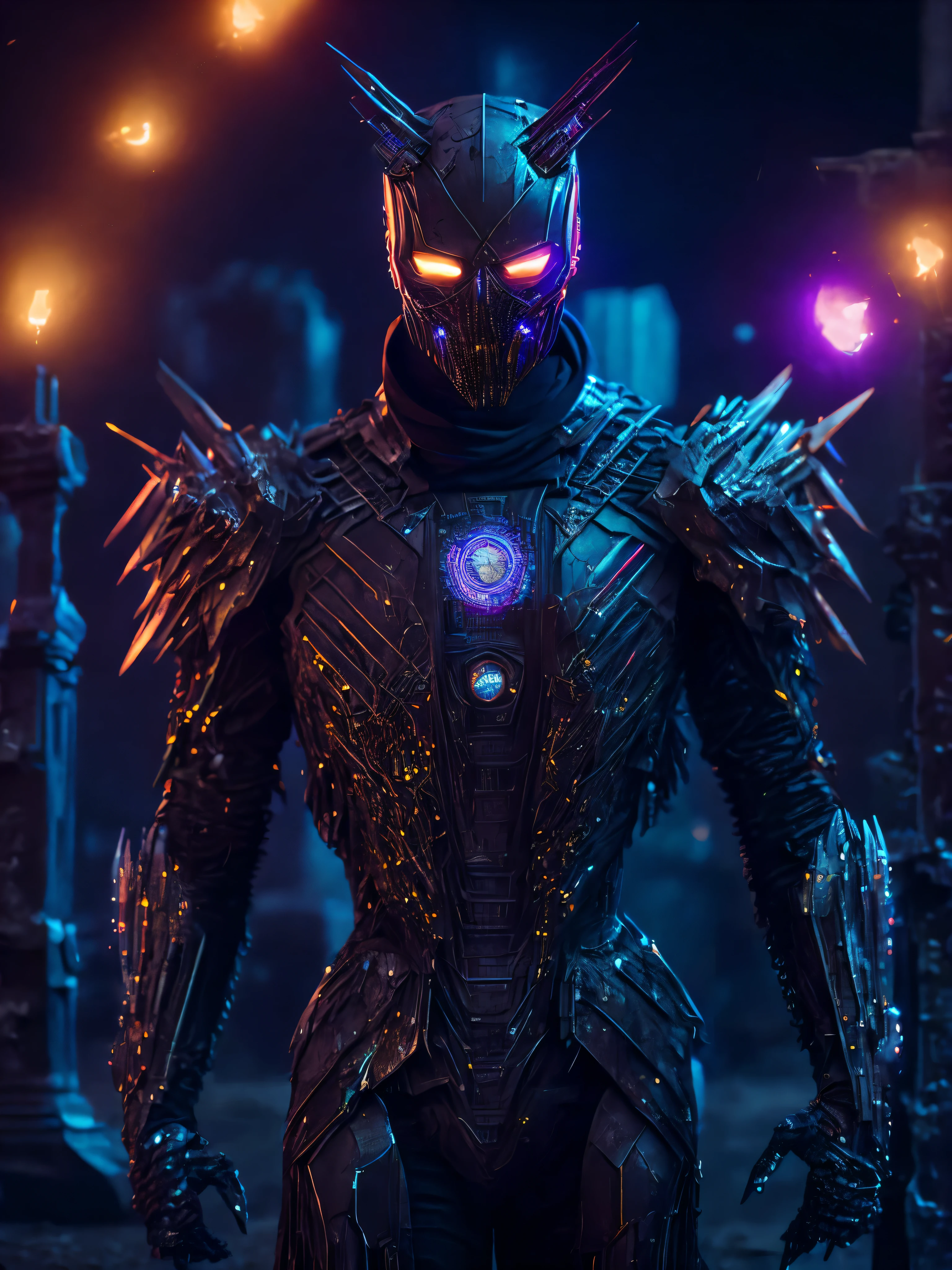 Full body Grim portrait of the Marvel scarecrow made of metal with intricate angular cybernetic implants inside a brutalist building, gothic brutalist graveyard, cyberpunk, Foto premiada, Bokeh, Neon lights, cybernetic, fireworks in the background.