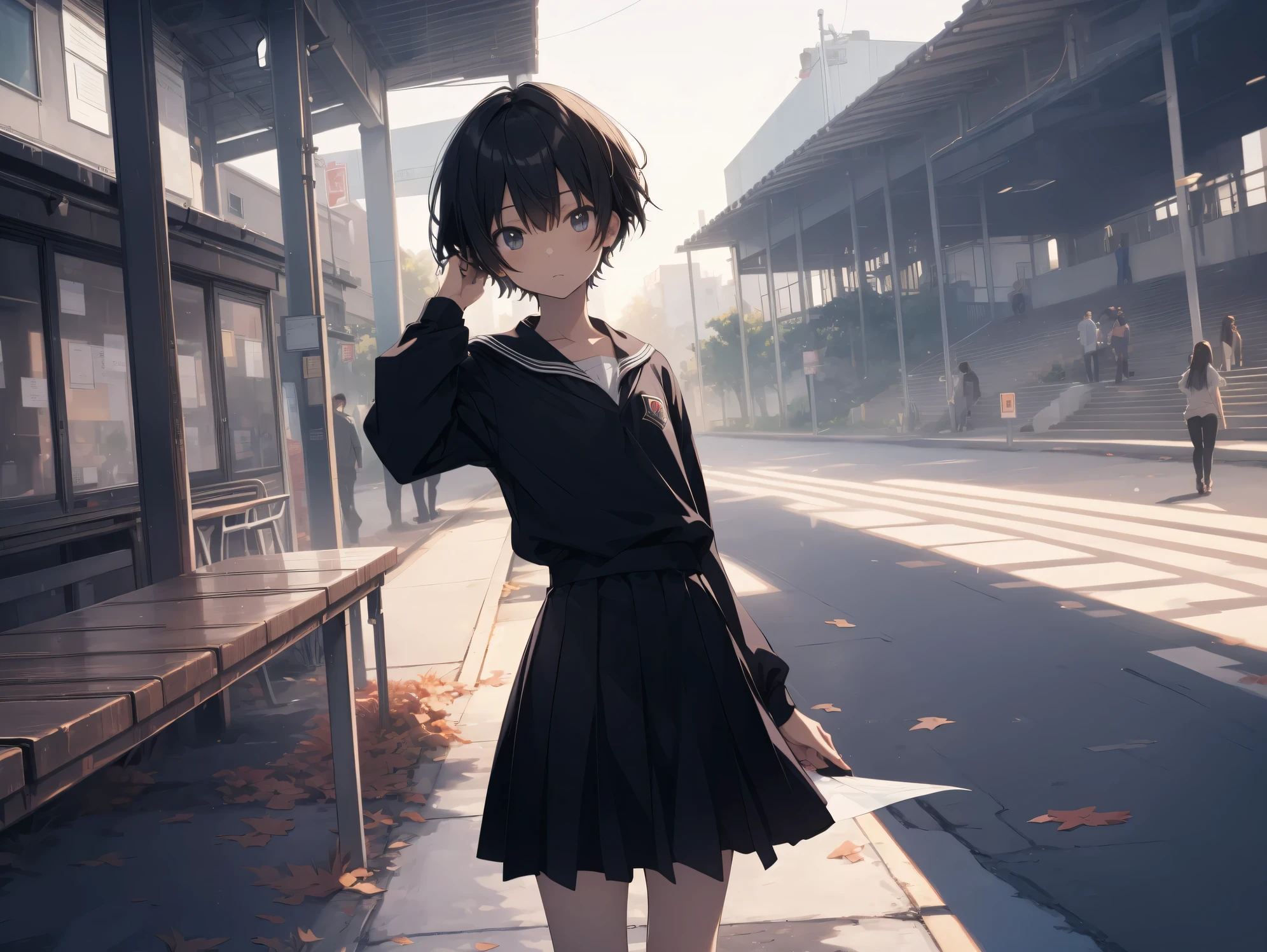 Super high quality by the art god, super detailed, High resolution, Shinkai Makoto style, anime moe art style, best anime 8K konachan wallpaper, pixiv contest winner, perfect anatomy, break,(眠そうにalone学校へ行く女の子を描いてください. ),break, 1 girl, (alone,little woman, lolita, , 13 years old:1.3),All limbs, full finger,, androgynous charm, (very short hair), flat chest, Because I'm slender, small ass, between legs, Small black eyes, beautiful and fine eyes, Well-proportioned iris and pupils, expressive eyes,disgusted eyes, High resolutionの詳細な髪, wearing school uniform, (skirt),(detailed lighting), (detailed background), On the way to school. break,super dense skin, Best lighting by famous artists, 8K, figure,UHD, rough skin
