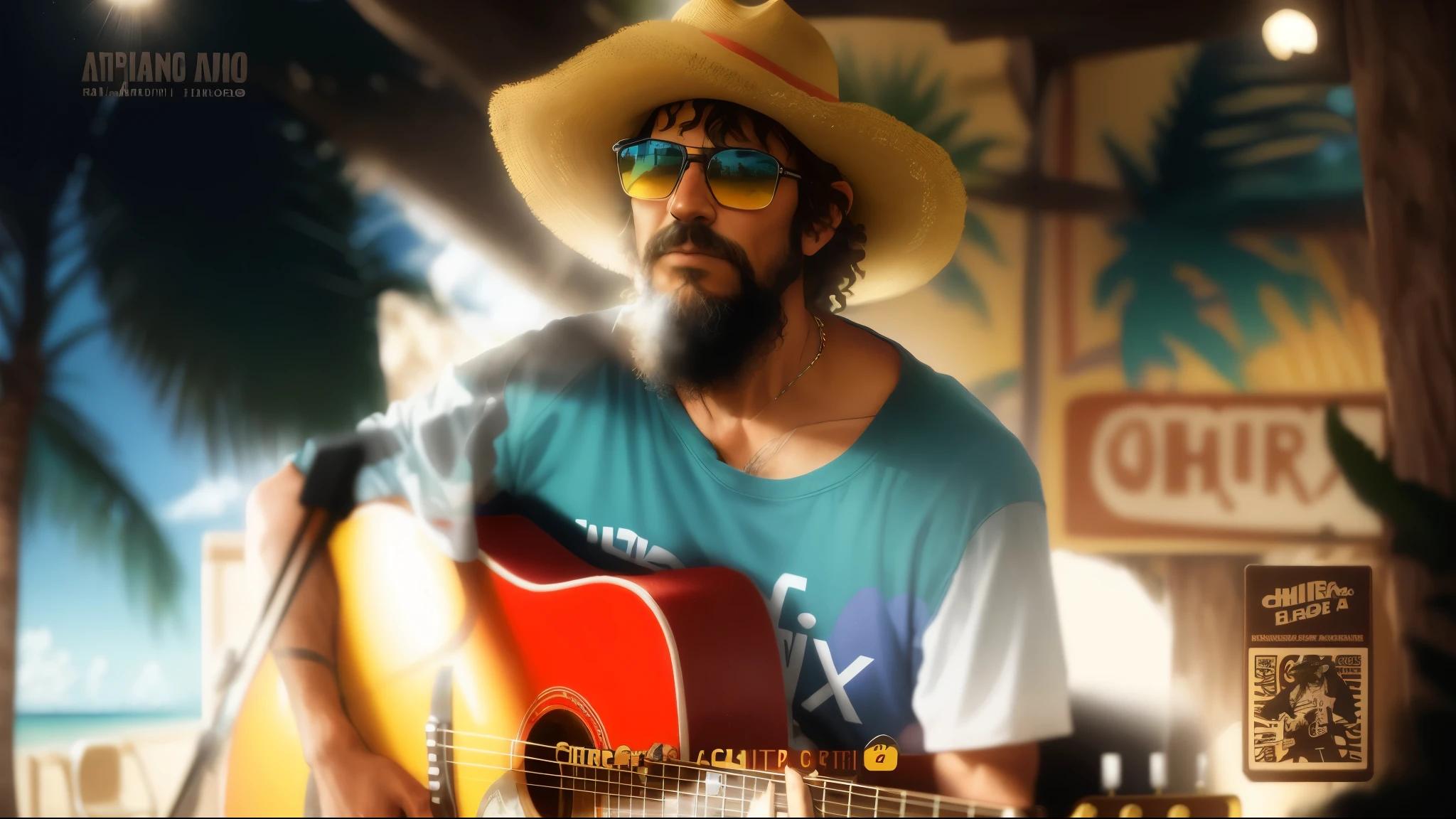 arafed man with a beard and a hat playing a guitar, 4 5 yo, cottagecore hippie, florida man, youtube video screenshot, aboriginal australian hipster, hippy, short focal, 2022, 2 0 2 2, hipster dad, cottage hippie naturalist, terence mckenna, captura, still from a music video, man playing guitar ((anime art style, beach, tropical, sea))