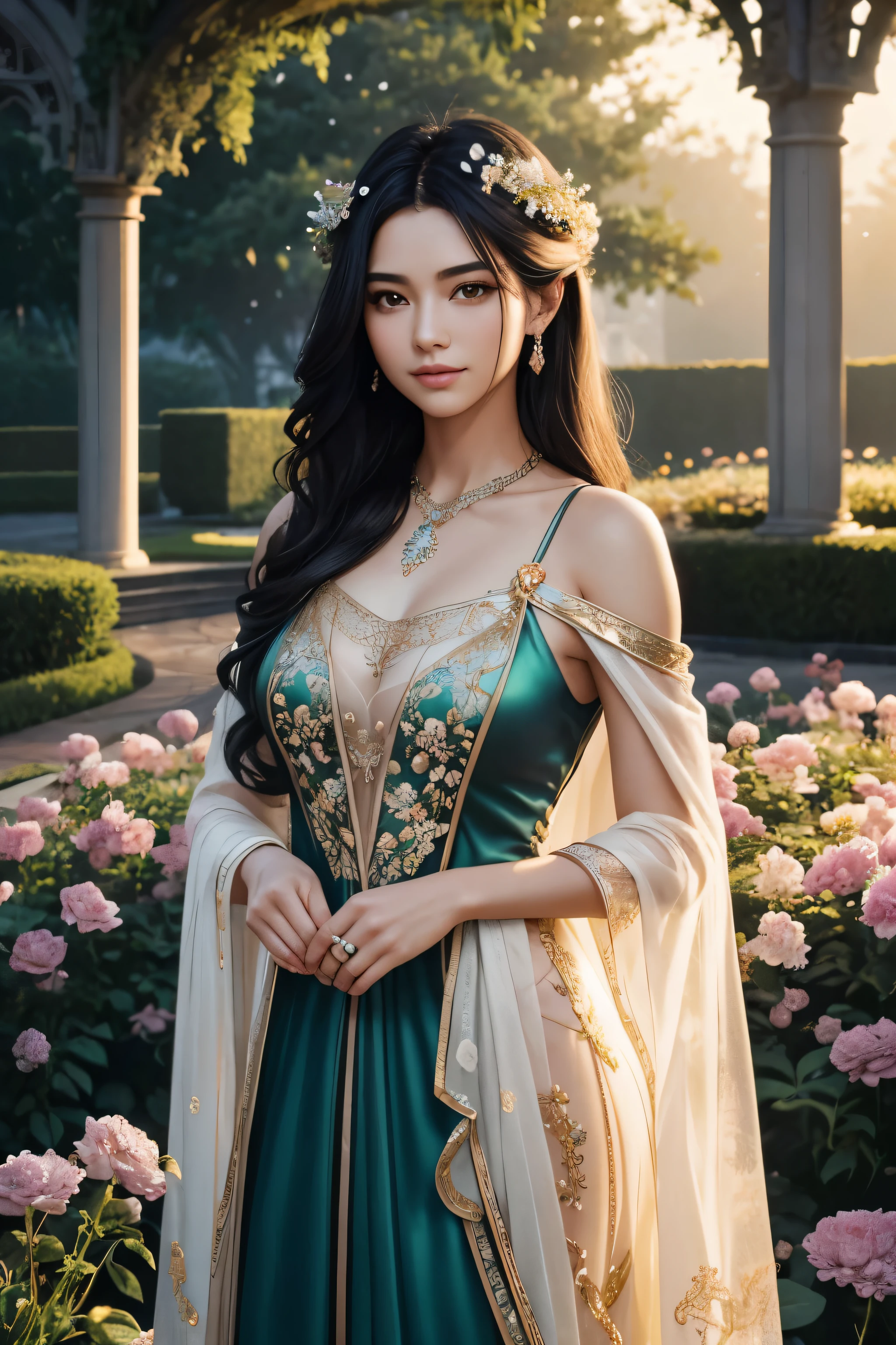 Jet-black, shoulder-length hair flows in loose waves, framing her face like a cascade of dark silk. With a toned and athletic body type, Jade exudes confidence and allure. https://image.cdn2.seaart.ai/2024-02-04/cmvqpide878c73ck5kjg/0d590f662fb17cb3aec5b451dbf89089c233cbe9_high.webp JadeInElysium stands in a magical garden at twilight, wearing a flowing gown with pastel hues that complement the soft colors of the setting sun. Her loose curls are adorned with delicate flowers, adding a whimsical touch. The dreamy facial expression mirrors the enchantment of the garden. The pose is graceful, with hands gently holding the gown, capturing the ethereal beauty. The location is a garden filled with blooming flowers and fairy lights. A soft glow effect around flowers enhances the magical atmosphere.