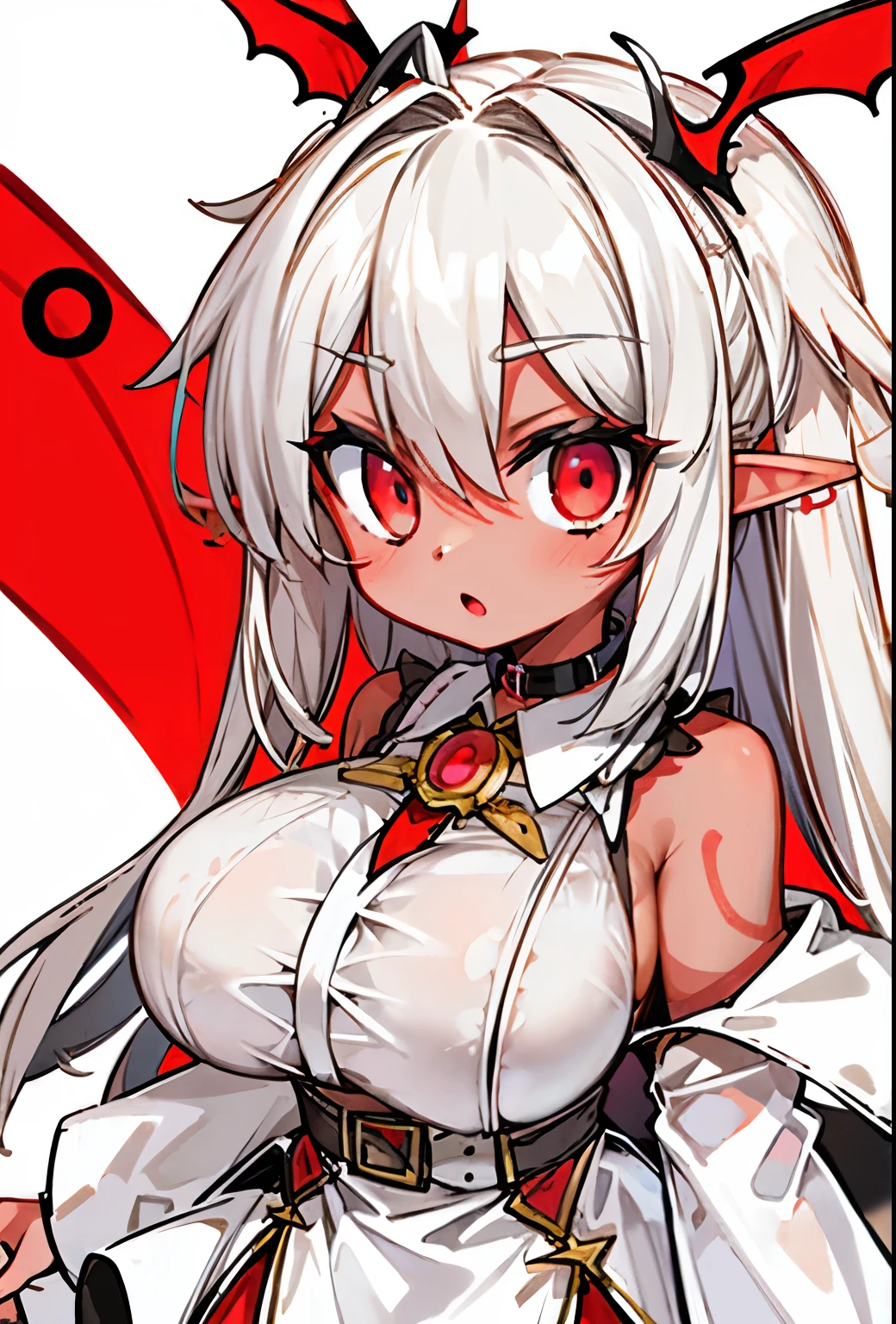 (tanned elf girl:1.2), (white_hair red_eyes) (battle dress), (collar) (belts), (huge tits)