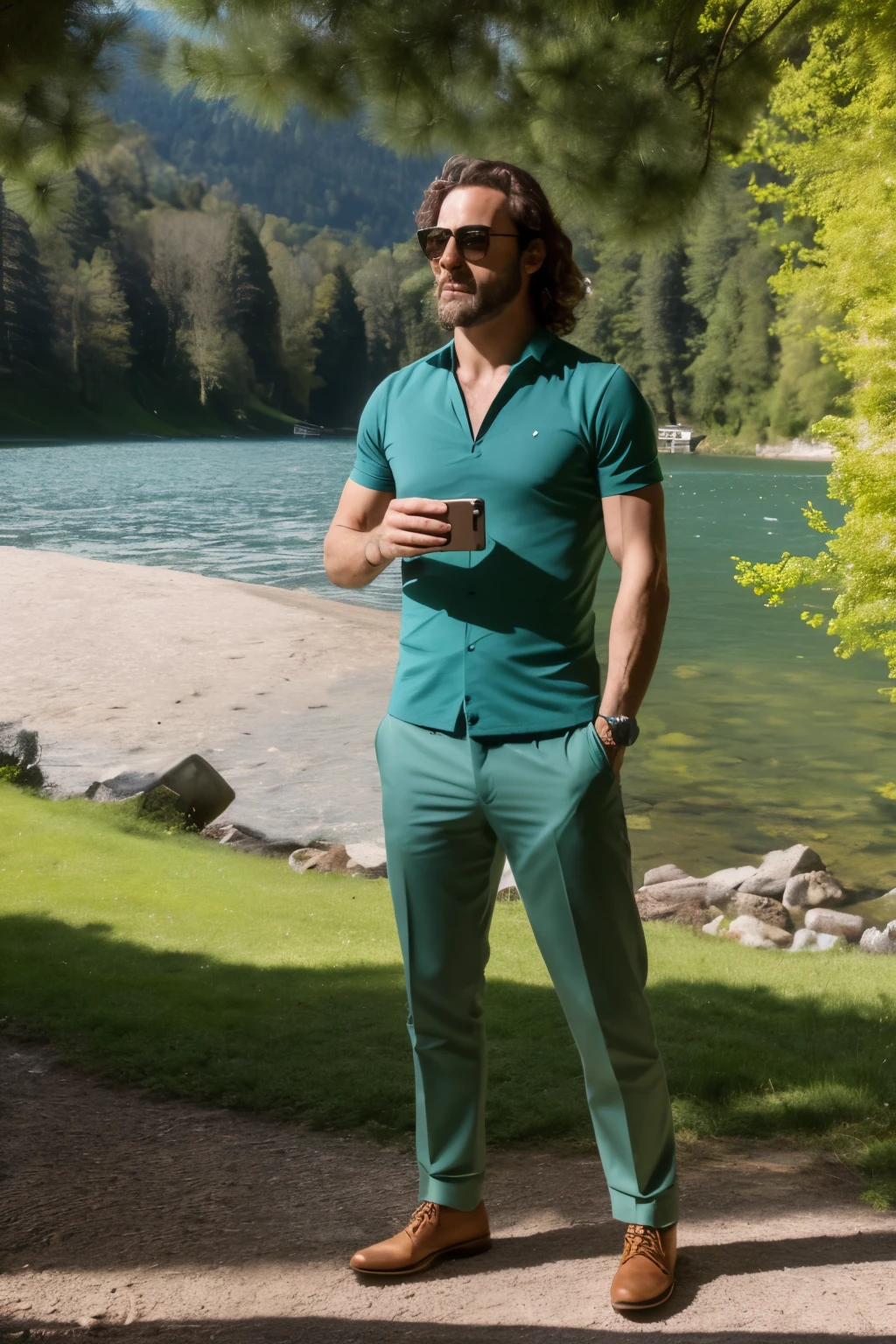Foto RAW in sequenza, una foto di un uomo di 35 anni, ((selfie in pieno corpo, sorrideannerasciuto)), fisico robusto, capelli castani lunghi, muscoloso, indossa una camicia a fiori, occhiali Ray-Ban neri, cammina nelle strade di Lugano, in estate, pantaloni corti, sullo sfondo si vede il lago, ha un Rolex al polso destro, intorno ci sono molte persone, colore Kodak Vision, alti dettagli, fotorealistica, particolari in 4k