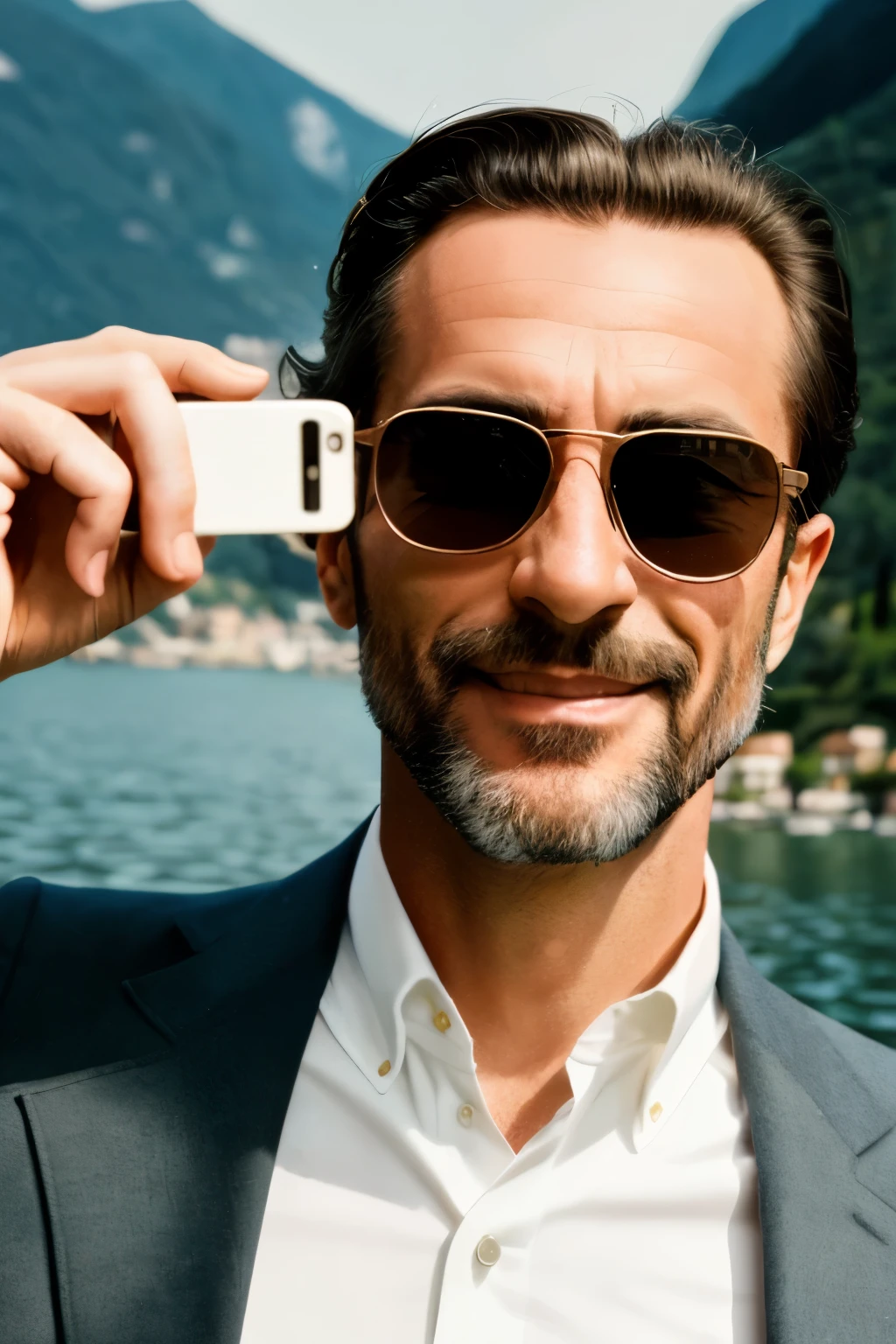 Foto RAW in sequenza, una foto di un uomo di 35 anni, ((selfie in pieno corpo, sorrideannerasciuto)), fisico robusto, capelli castani lunghi, muscoloso, indossa una camicia a fiori, occhiali Ray-Ban neri, cammina nelle strade di Lugano, in estate, pantaloni corti, sullo sfondo si vede il lago, ha un Rolex al polso destro, intorno ci sono molte persone, colore Kodak Vision, alti dettagli, fotorealistica, particolari in 4k