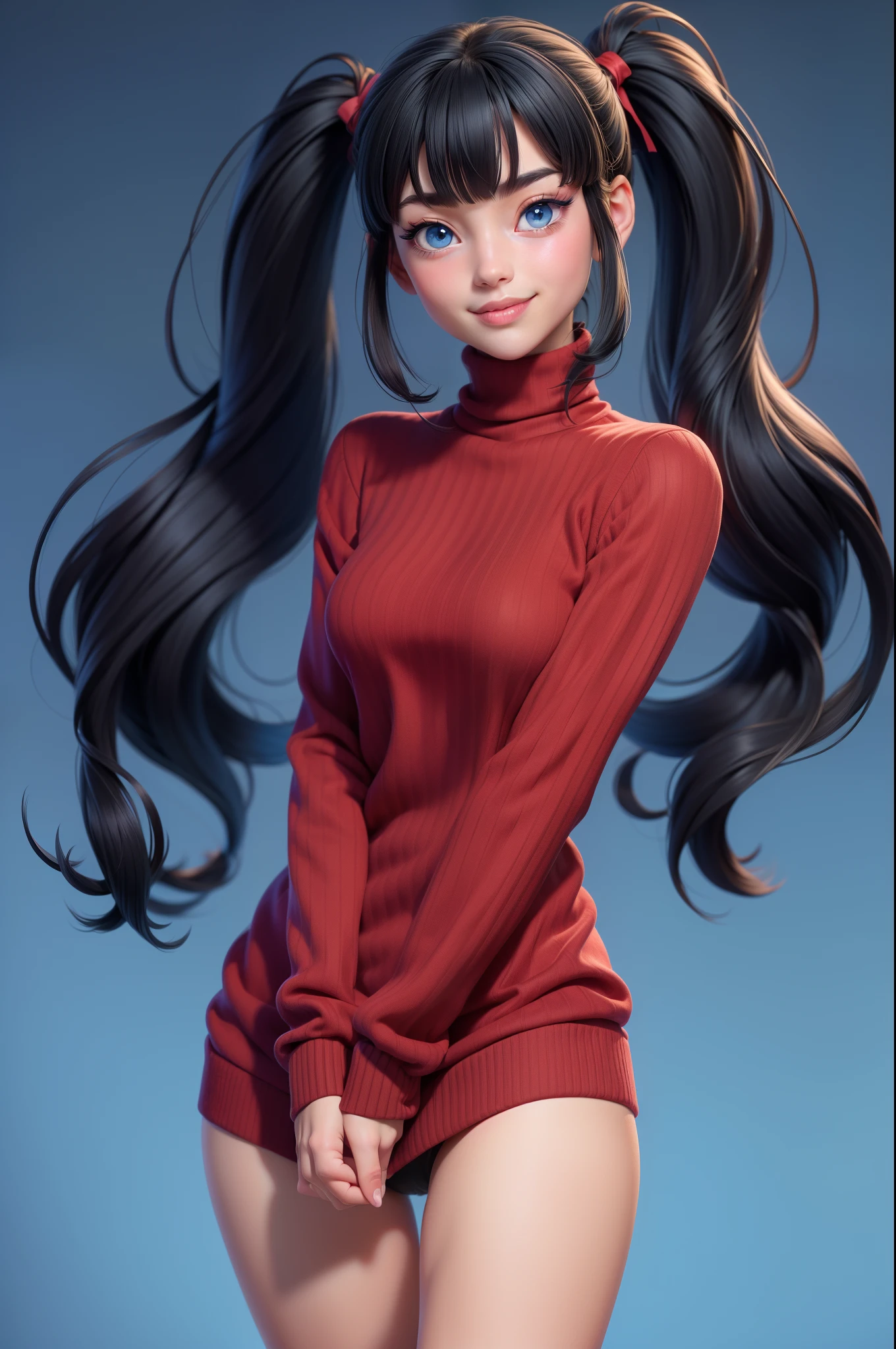 1girl, katara, 独奏, Long hair, messy hair, red sweater, No bra, looking a viewer, blue background, black hair, Simple background, two side up, turtleneck top, blue eyes, lips, inviting smile, mildly sexually aroused, voyeurism, band, hair ribbon, Bangs, turtleneck sweater, upper-body, Parted bangs, black ribbon, Ribbed sweater, twintails, nose, Legs, NSFW, seductive position