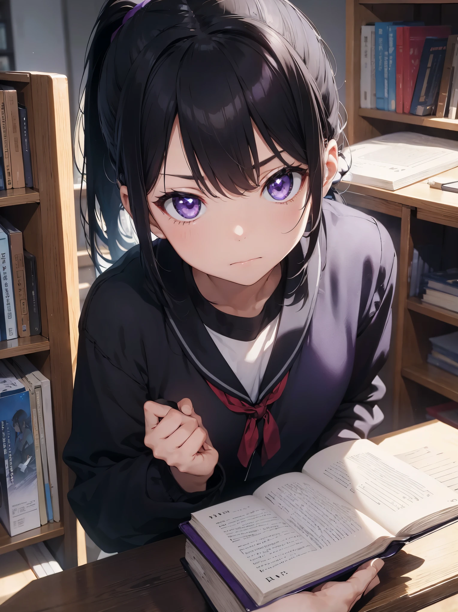, black hair、ponytail, Purple eyes, blue academic uniform, frown, read ancient texts、Book, masterpiece, high quality