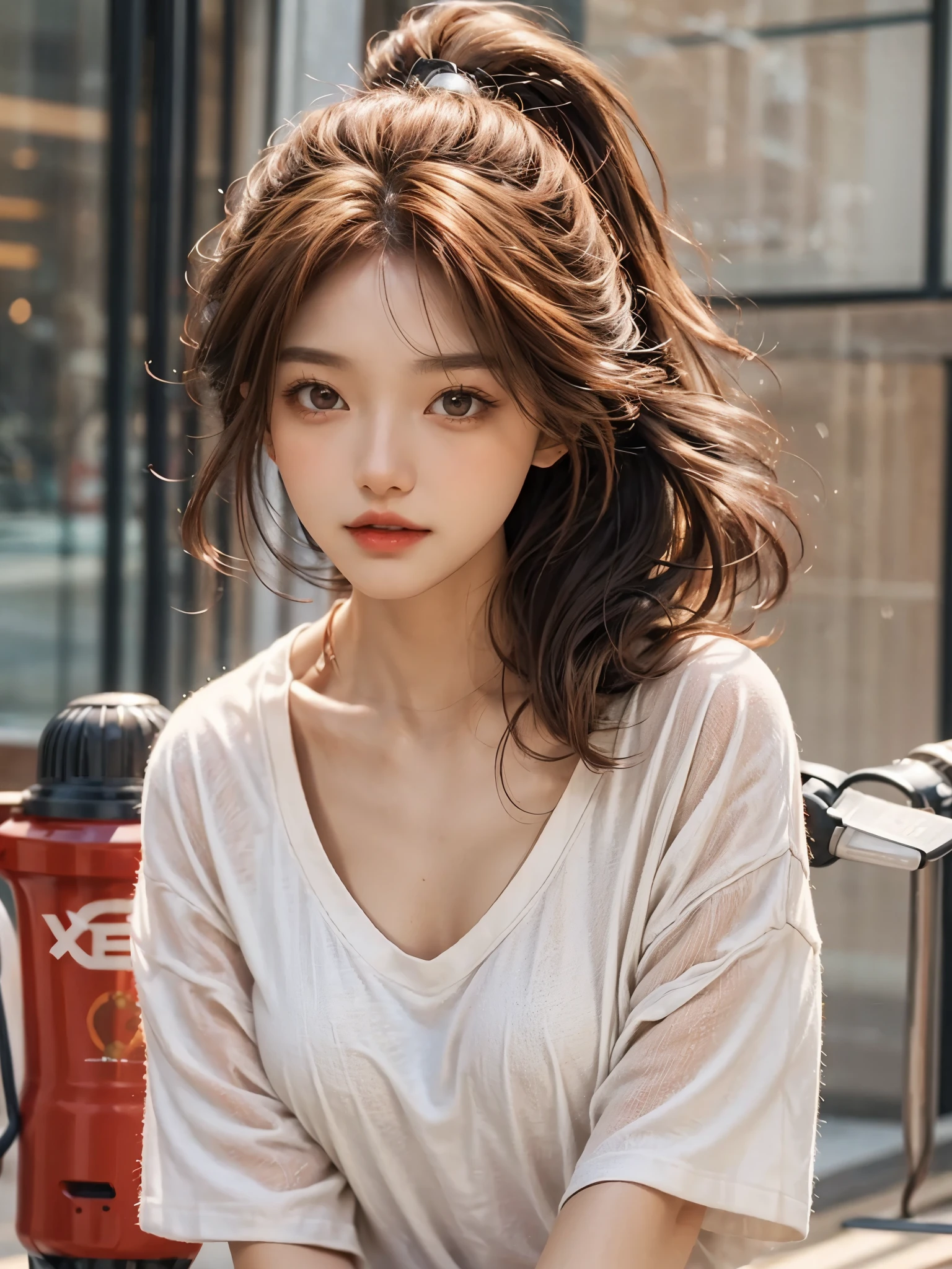 a woman with short brown air, white loose shirt with v-neck, reddish orange lips, round brown eyes