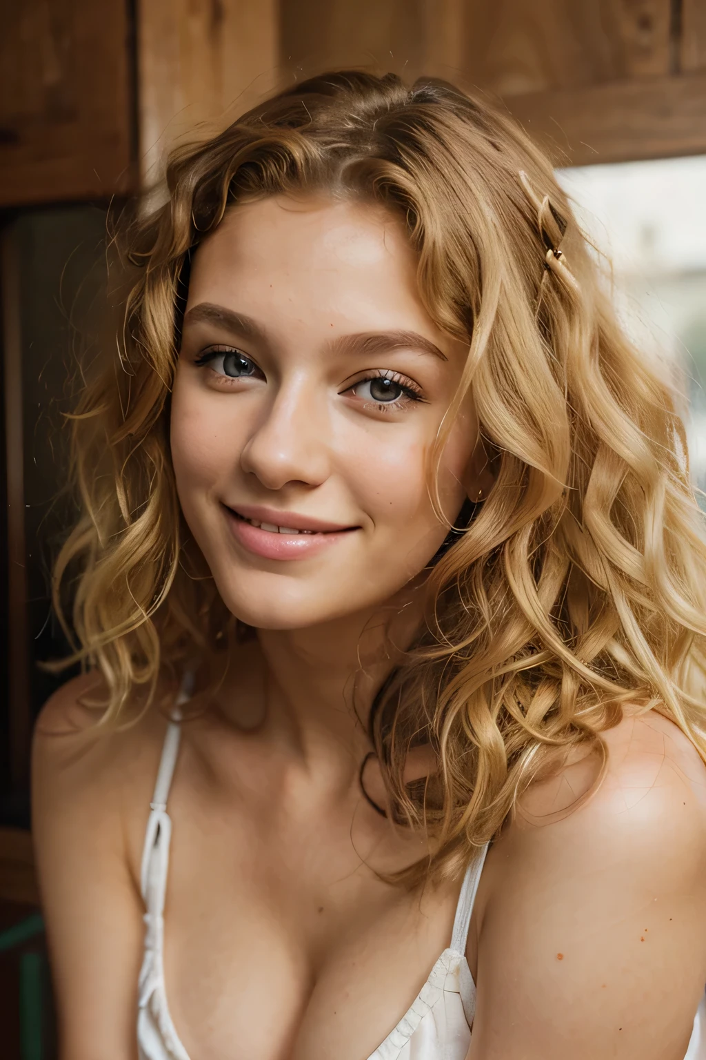 Portrait d&#39;une fille naturelle souriante, I look behind the photographer, Blond, curly hair, HD, beau visage, photorealistic, style de prise de vue sur iPhone