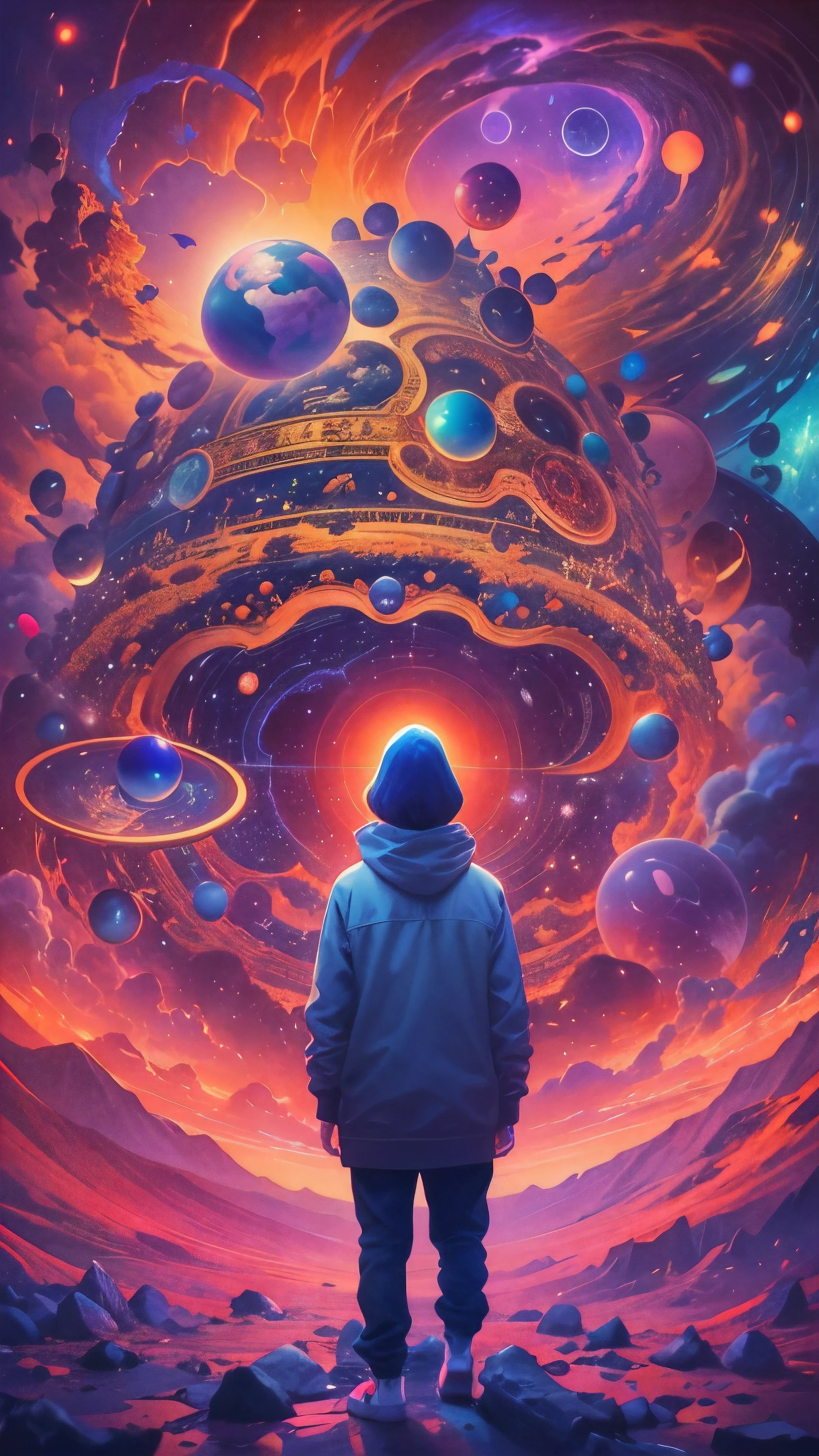 Obra maestra, 4k, Ultra Resolution, Best image resolution, Stunning illustration depicting a person's inner universe, mostrando sus pensamientos, Emotions and dreams in a surreal and magical landscape. Use vivid colors and meaningful symbols to reflect the complexity of the human mind.