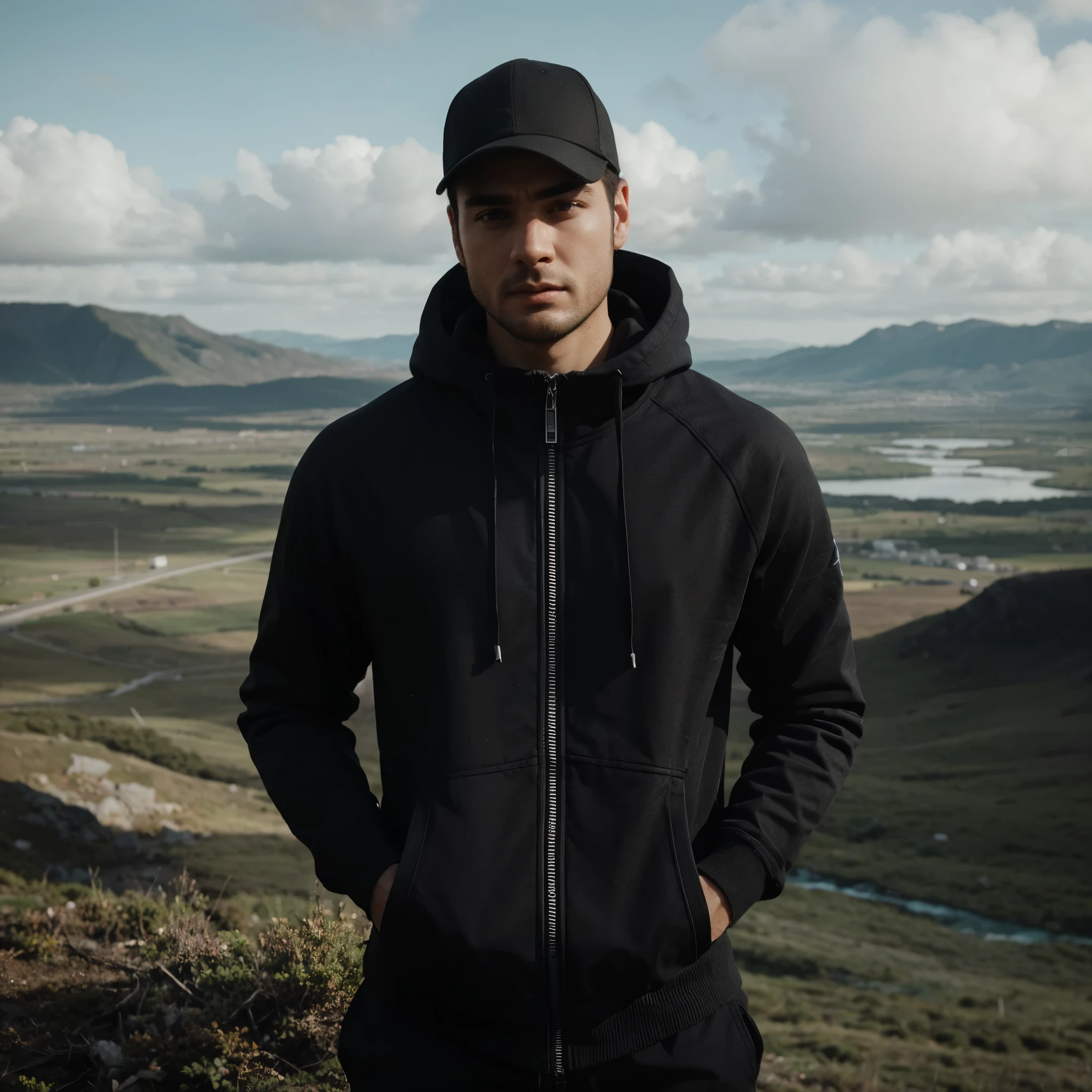 a european male, black sunglasses, slim body, sports hoodie and pants, meadow in the mountains as a background, autumn, <lora:sunglasses:0.7>