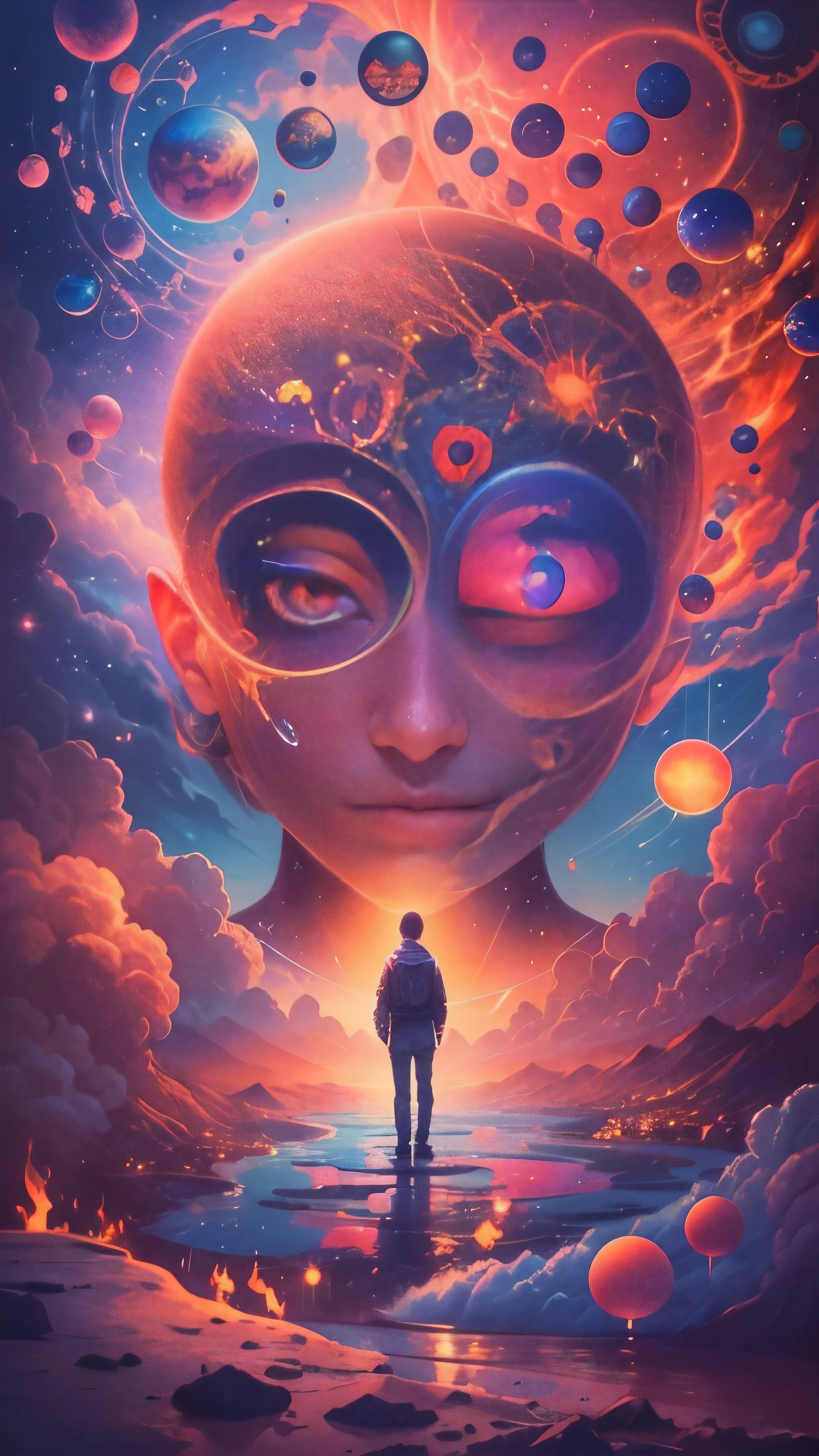 Obra maestra, 4k, Ultra Resolution, Best image resolution, Stunning illustration depicting a person's inner universe, mostrando sus pensamientos, Emotions and dreams in a surreal and magical landscape. Use vivid colors and meaningful symbols to reflect the complexity of the human mind.