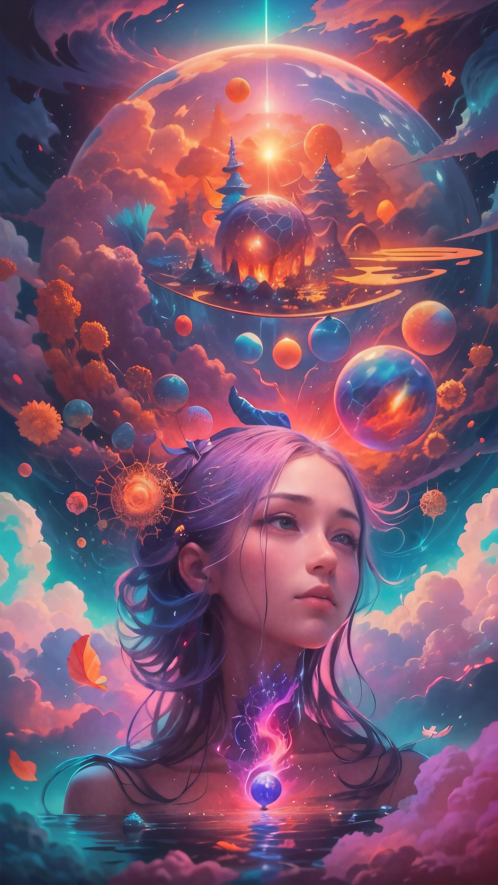 Obra maestra, 4k, Ultra Resolution, Best image resolution, Stunning illustration depicting a person's inner universe, mostrando sus pensamientos, Emotions and dreams in a surreal and magical landscape. Use vivid colors and meaningful symbols to reflect the complexity of the human mind.