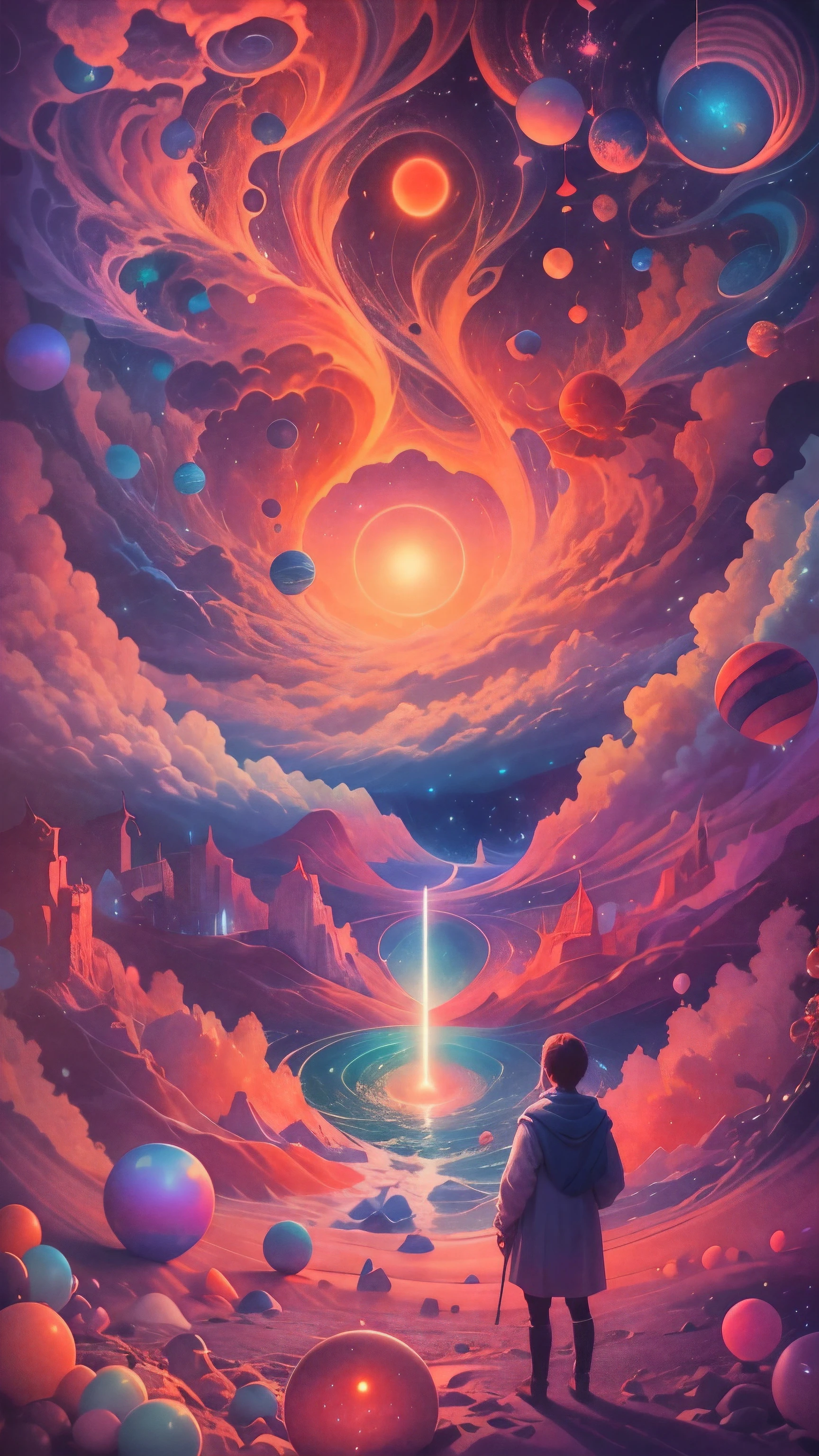 Obra maestra, 4k, Ultra Resolution, Best image resolution, Stunning illustration depicting a person's inner universe, mostrando sus pensamientos, Emotions and dreams in a surreal and magical landscape. Use vivid colors and meaningful symbols to reflect the complexity of the human mind.