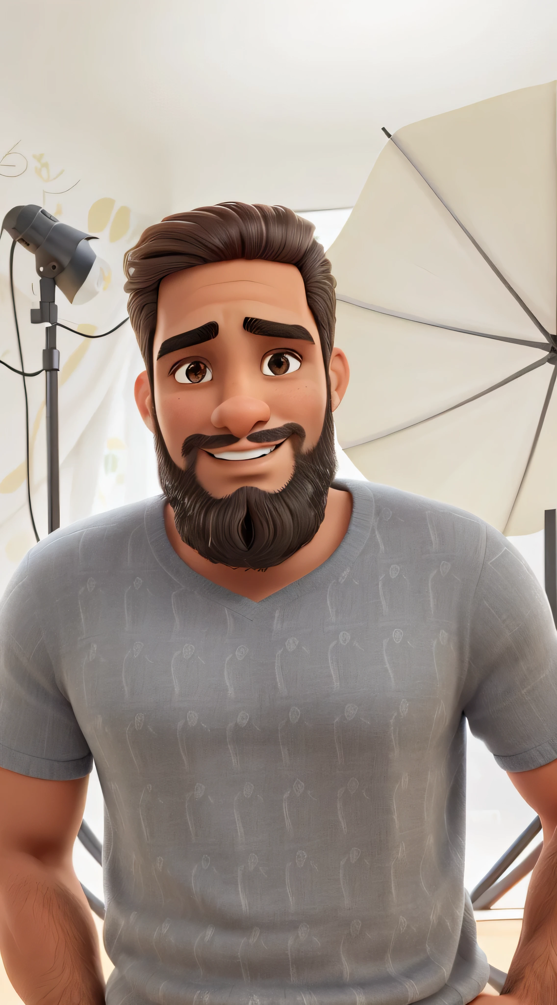 um homem de pele morena, barba e cabelo pretos com fios brancos, luz de estudio, retrato