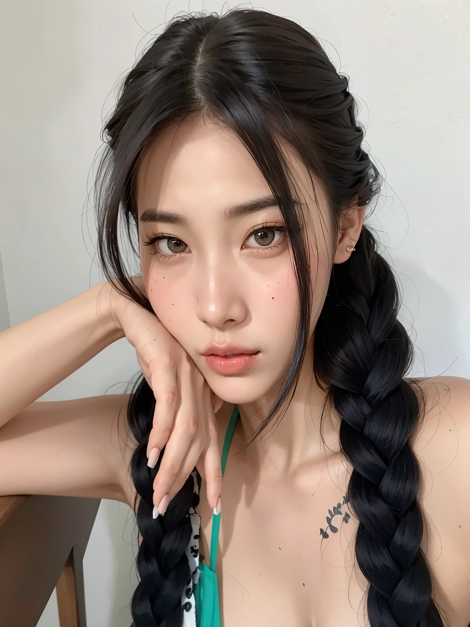 Arafed mulher Asian com cabelo preto longo e cabelo sardado, beautiful  Asian, Southeast Asian with round face, braids hairstyle, características Asians, Asian beautiful face, asian face, with black braids, detailed face of a  Asian,  Asian, two braids hairstyle, beautiful aesthetic face, Rosto extremamente lindo,  coreana, anime garota tailandesa