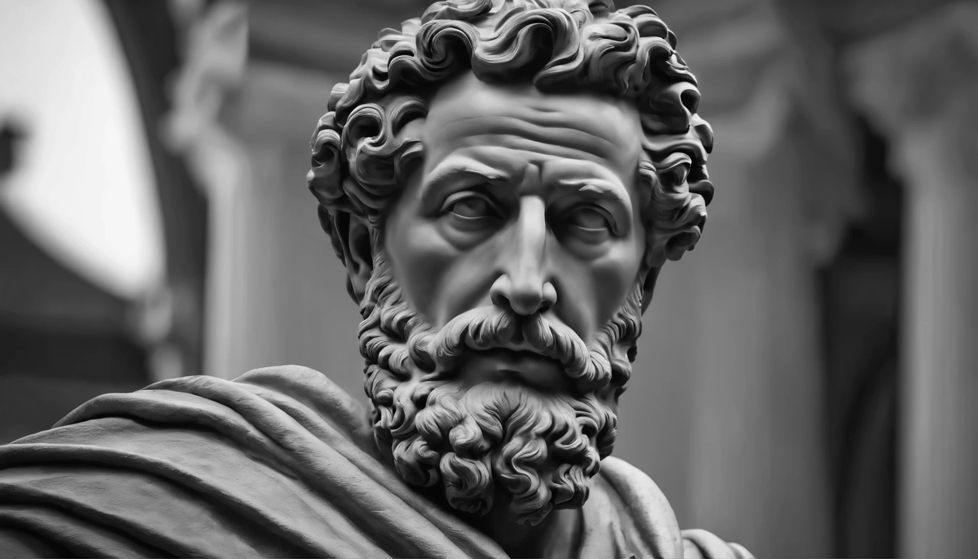 a portrait statue of the stoic Marcus Aurelius in black and white 4K,Face de lado, papel de parede super realista