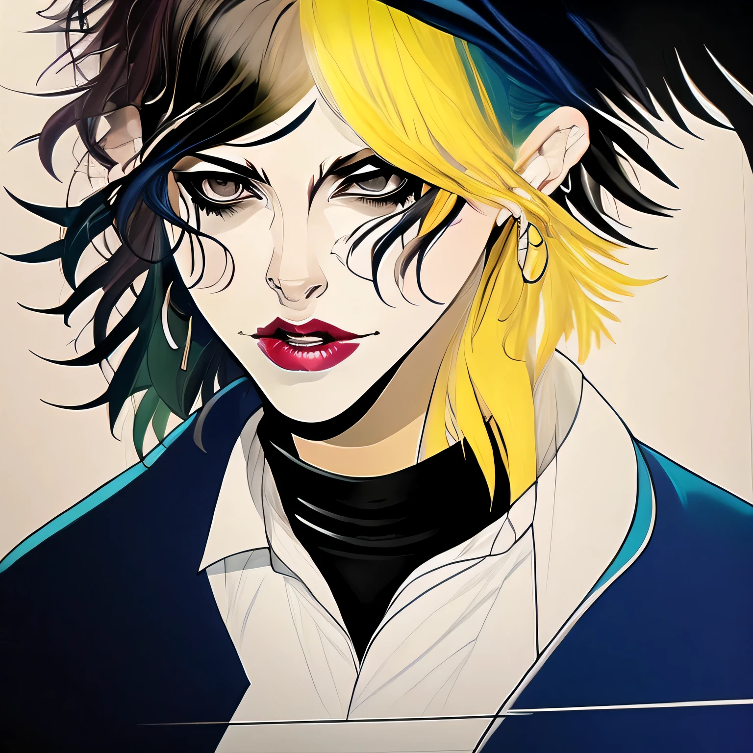 elo preto ondulado curto e sedoso, destaques azuis tousled, rosto triangular, Glossy lips, Jaqueta de couro preta velha, camiseta branca, jeans azul rasgado velho, botas altas. Her hair is wet. Caravaggio.  Vector illustration