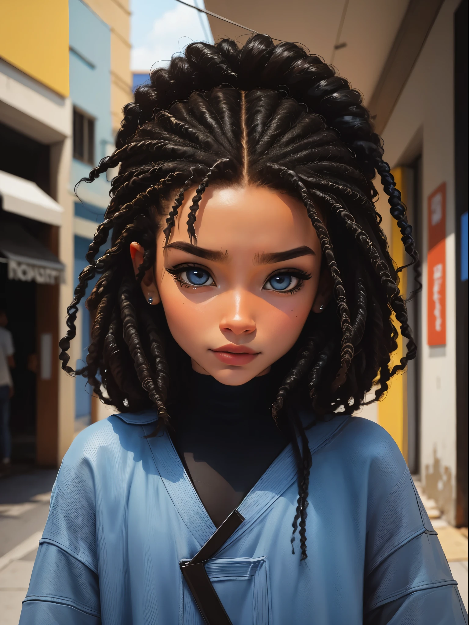, bonita e fofa, street, dread's amarrados, Dark blue oculus, usando touca e roupas leves,yface, estilo Chibi digital, cabelos bicolores e preto, azul e preto claro, olhos de detalhe perfeito, rosto delicado, CG perfeito, Qualidade de imagem HD, fundo simples