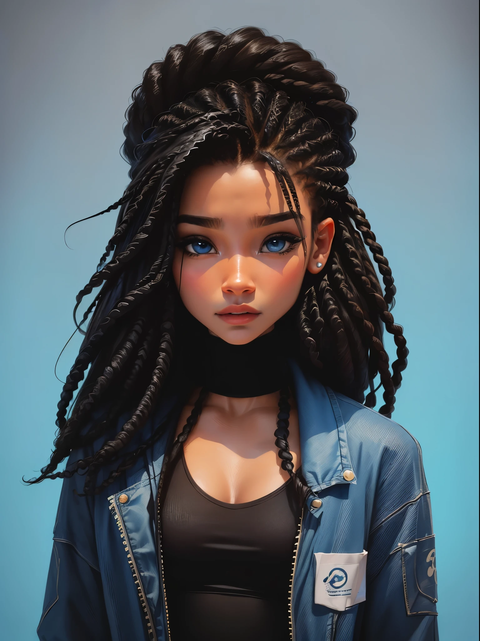 , bonita e fofa, street, dread's amarrados, Dark blue oculus, usando touca e roupas leves, babyface, estilo Chibi digital, cabelos bicolores e preto, azul e preto claro, olhos de detalhe perfeito, rosto delicado, CG perfeito, Qualidade de imagem HD, fundo simples