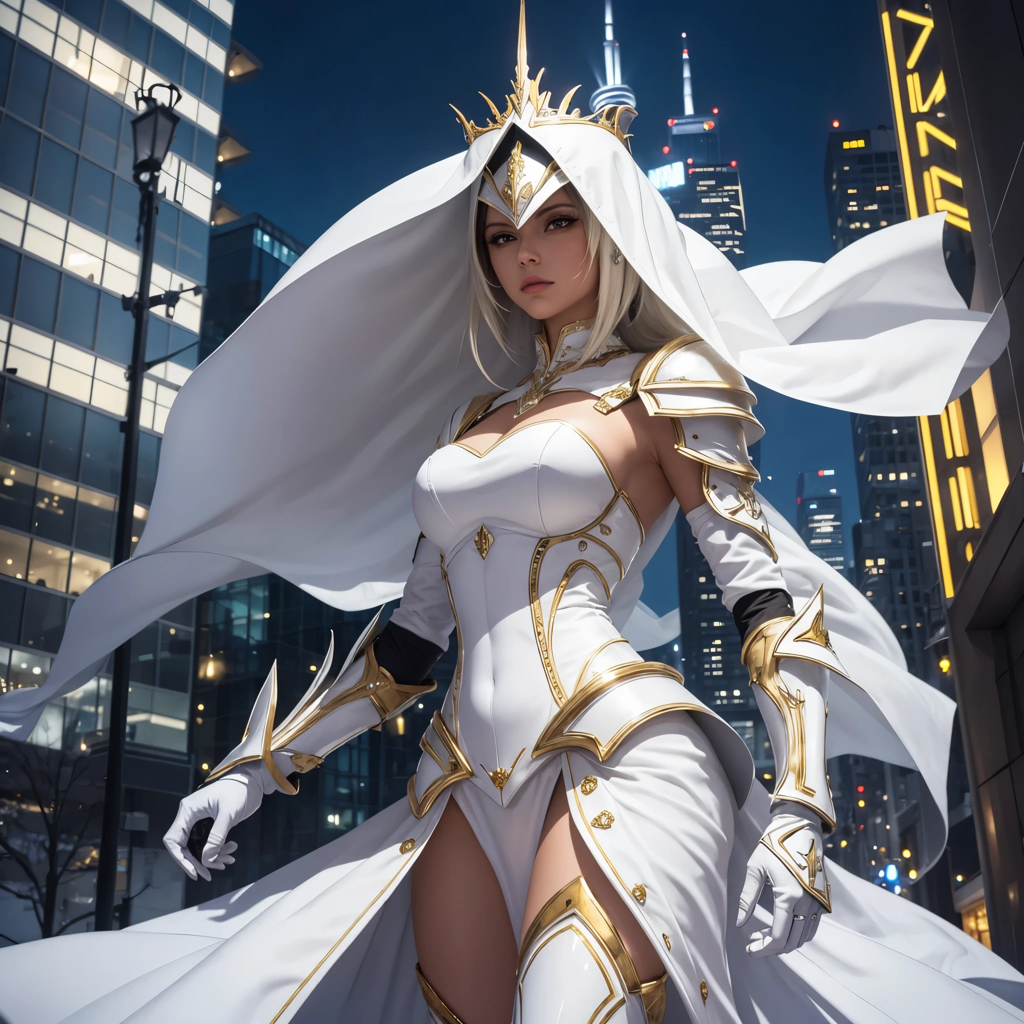 crea una mujer blanca con armadura de oro blanco y diamantes y que de fondo este la ciudad de toronto canada de noche